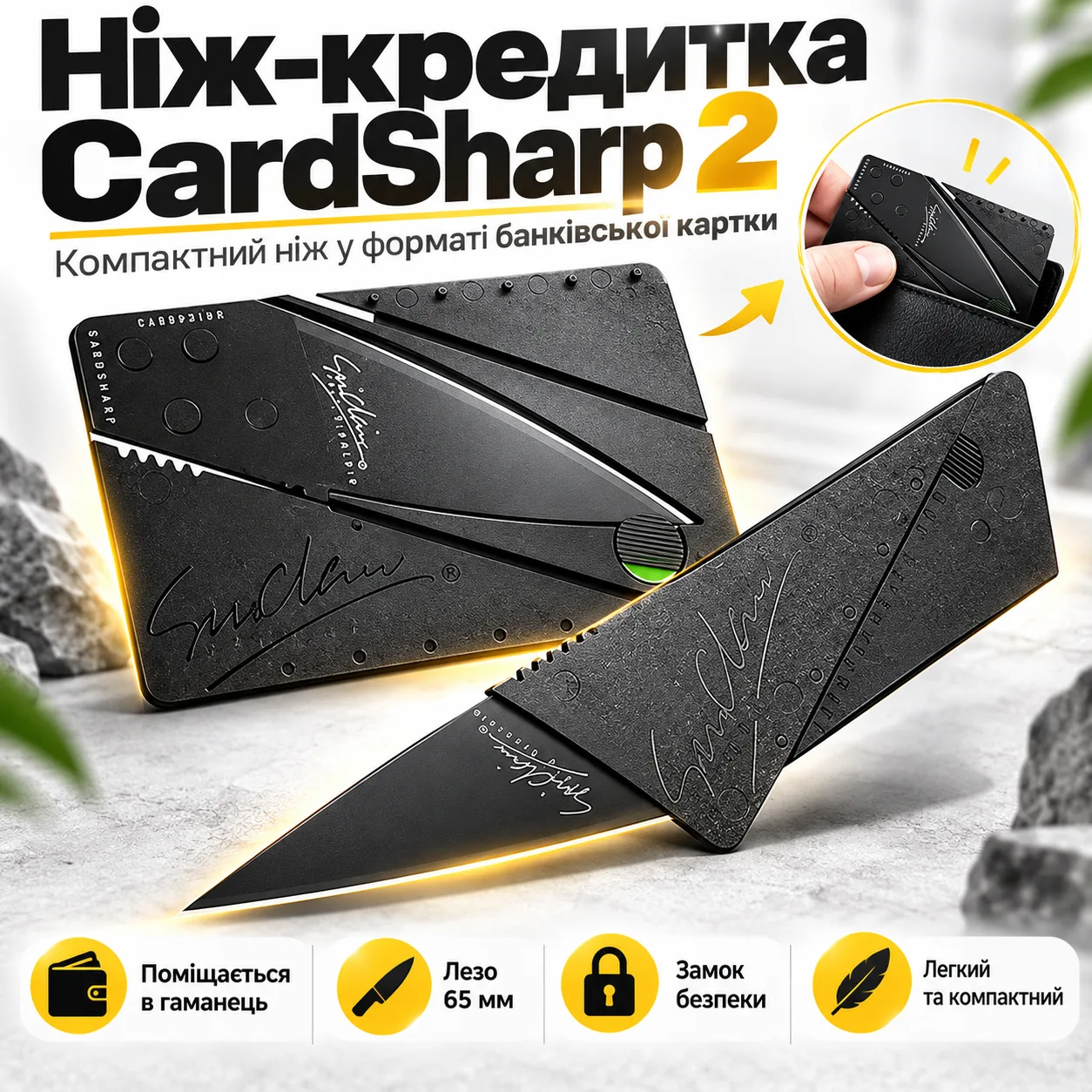 Нож-кредитка CardSharp 2 складной 65 мм из нержавеющей стали, компактный нож в формате банковской карты