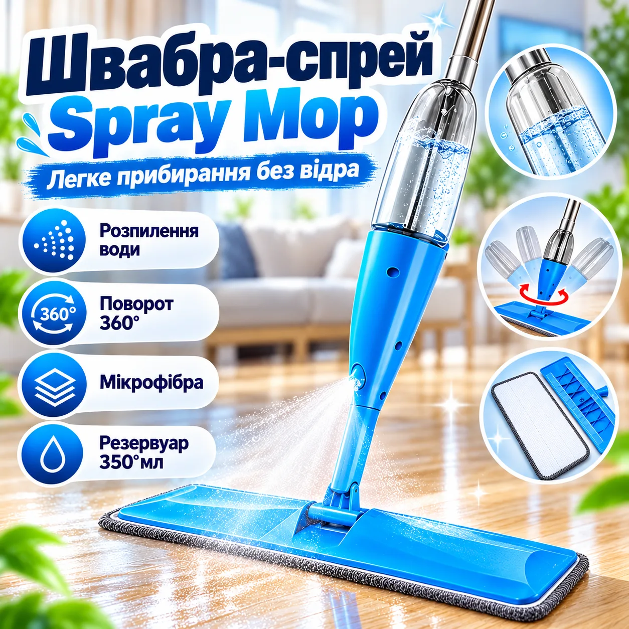 Швабра с распылителем Spray Mop для мытья полов с резервуаром 350 мл и насадкой из микрофибры, синяя