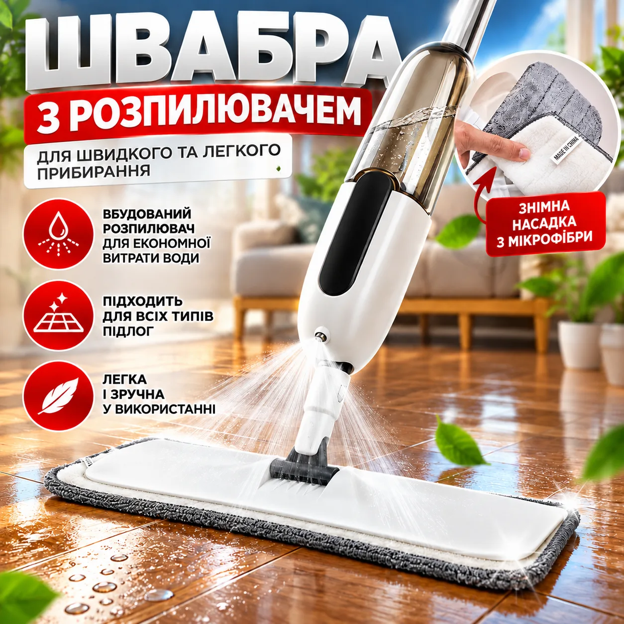 Швабра для пола с функцией распыления воды Spray Mop для сухой и влажной уборки, белая