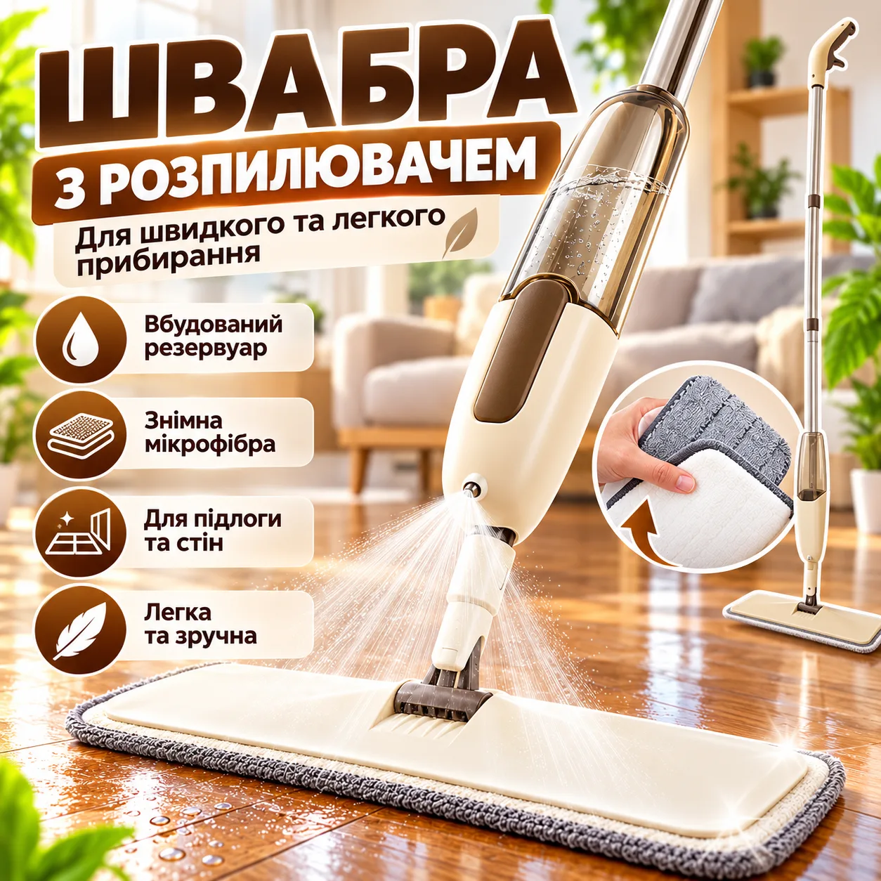 Швабра с дозированным распылением SprayMop для паркета, линолеума и гладких поверхностей с микрофиброй, бежевая