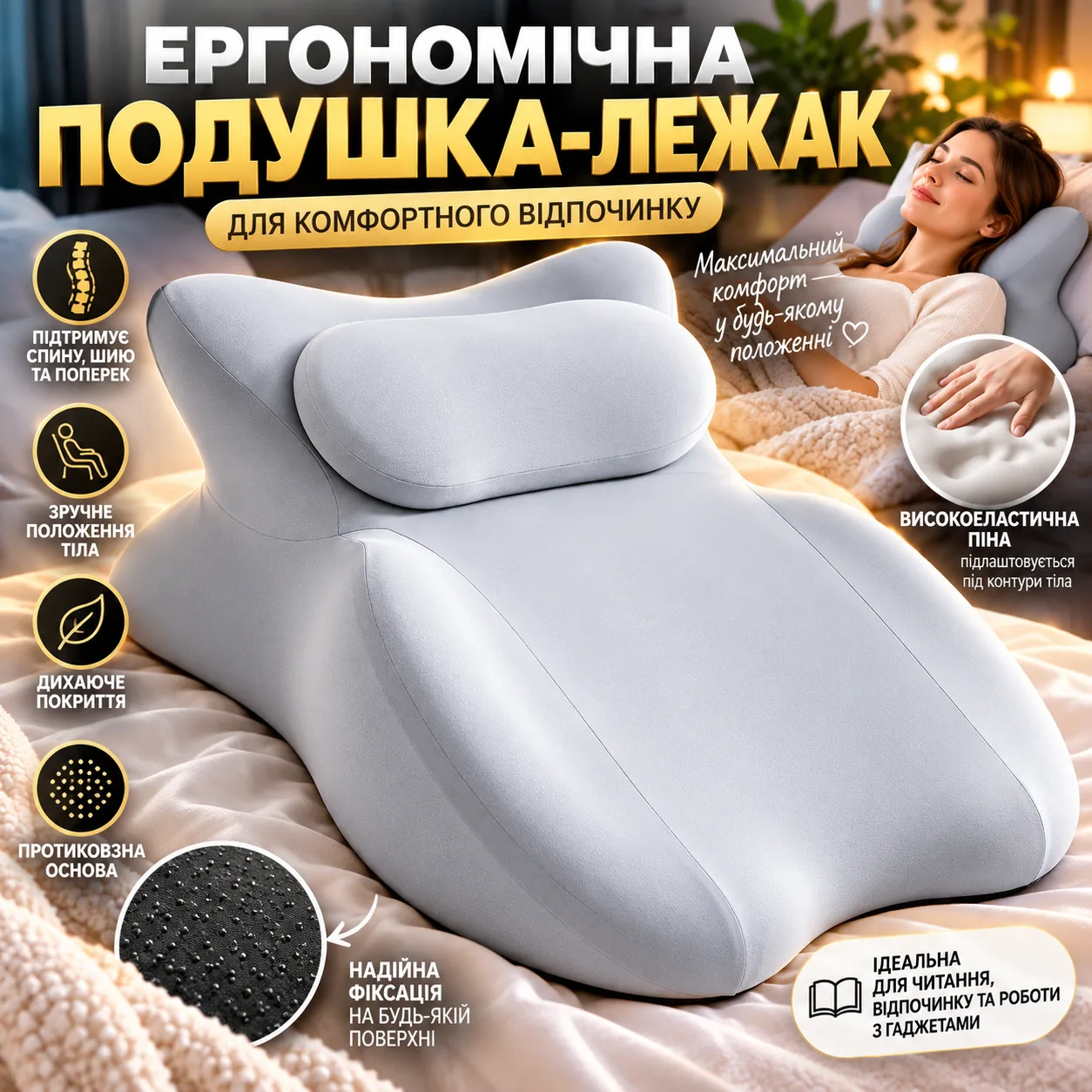 Подушка для поддержки тела XL-1914, 60.7x36.5x24 см, Серый / Ортопедическая подушка-лежак / Массажная подушка для лежания