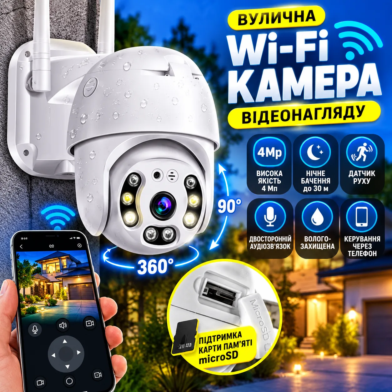 Уличная поворотная IP-камера видеонаблюдения 4 Мп Wi-Fi V380 Pro с ночным видением до 30 м, датчиком движения, защитой IP66