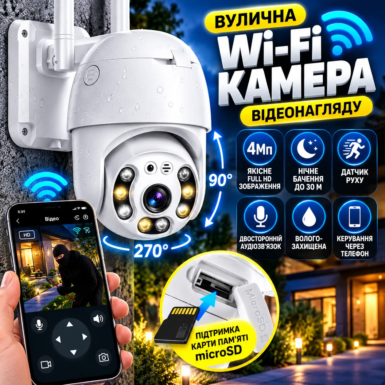 Уличная Wifi камера видеонаблюдения 4Мп, Full HD, A6 / Возвратная ip камера / Вайфай камера видеонаблюдения