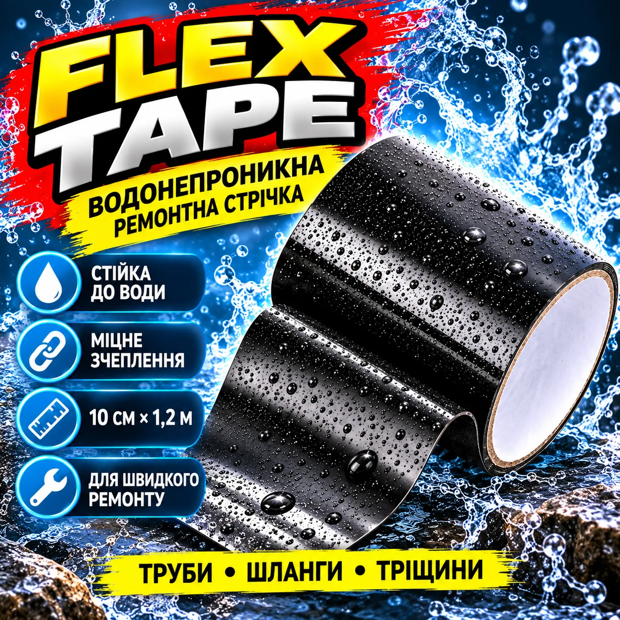 Сверхпрочная скотч-лента, 1,2м, Flex Tape, Черный / Изоляционная лента водонепроницаемая / Прочный клеящийся скотч