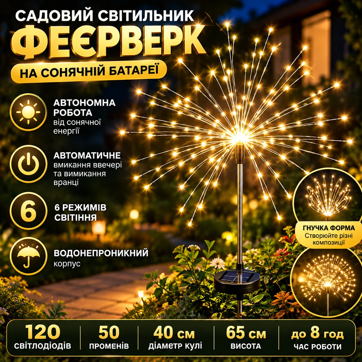 Фонарь садовый "Феерверк" от солнечной панели, 1шт, 120LED, ShowTime, Теплый белый D6039 / Уличный газонный LED светильник