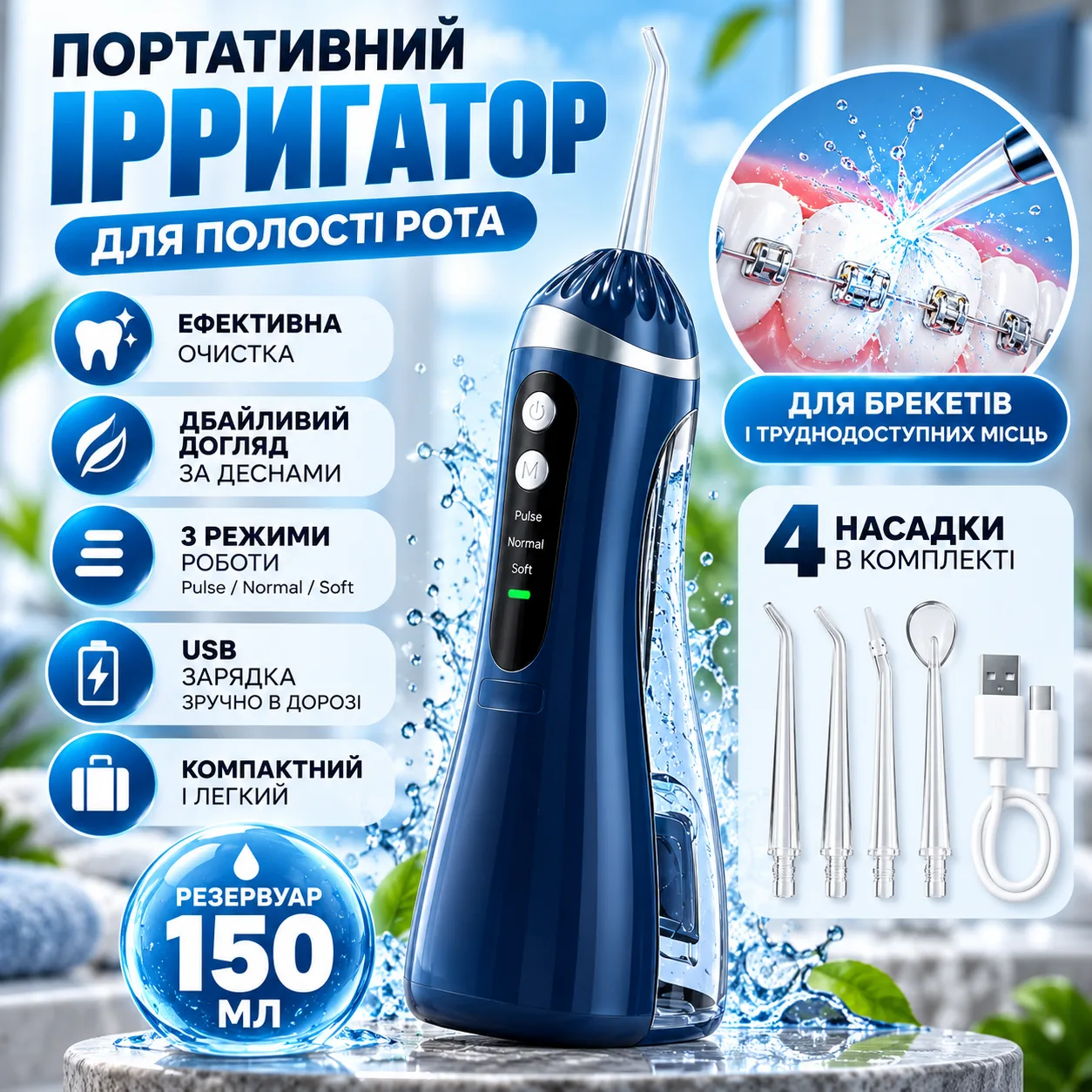 Электрический ирригатор для гигиены полости рта с USB-зарядкой и регулируемой подачей воды, 150 мл, 4 насадки, синий
