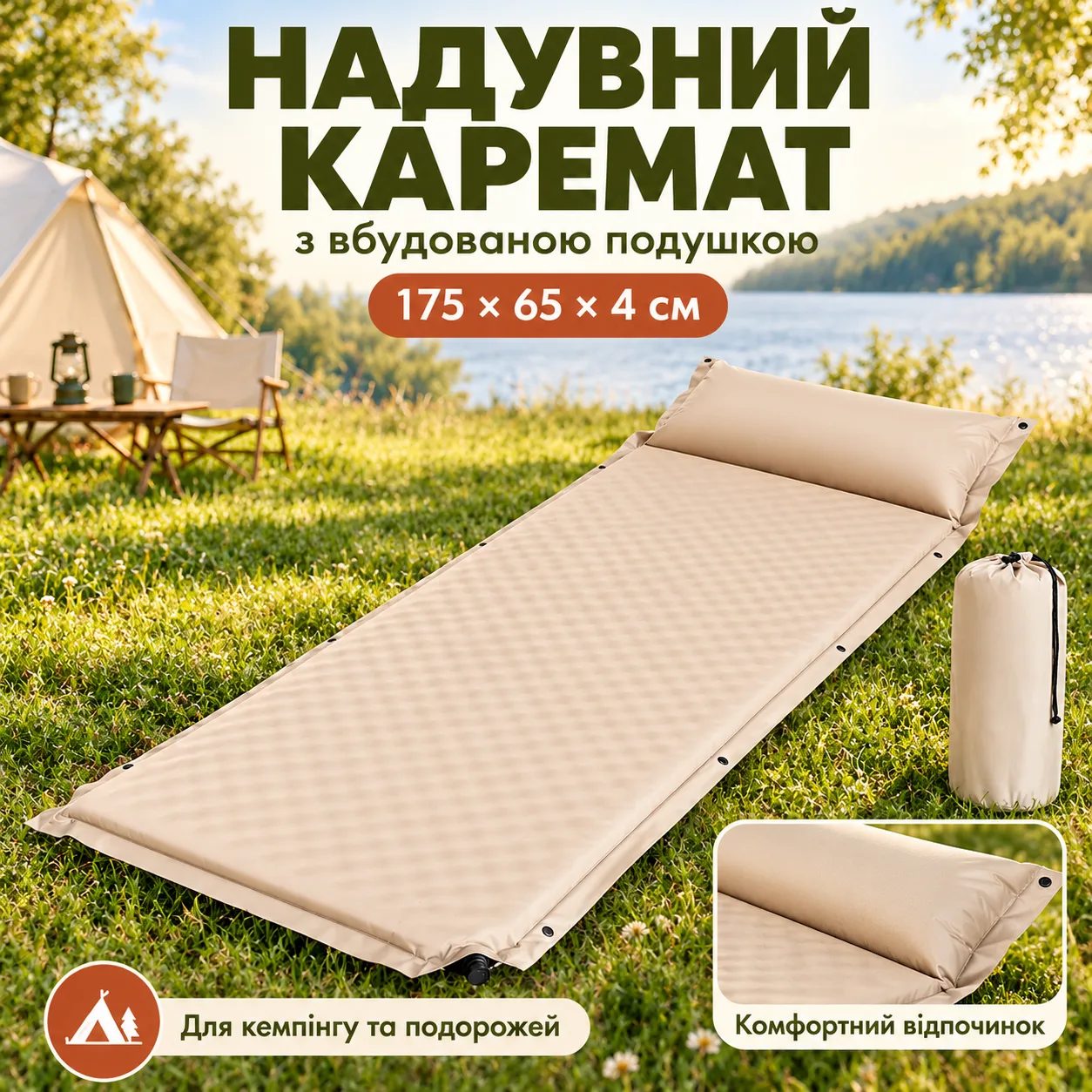 Надувной каремат с подушкой, встроенный насос, 175x65х4 см, Бежевый / Надувной матрас / Надувной коврик в палатку