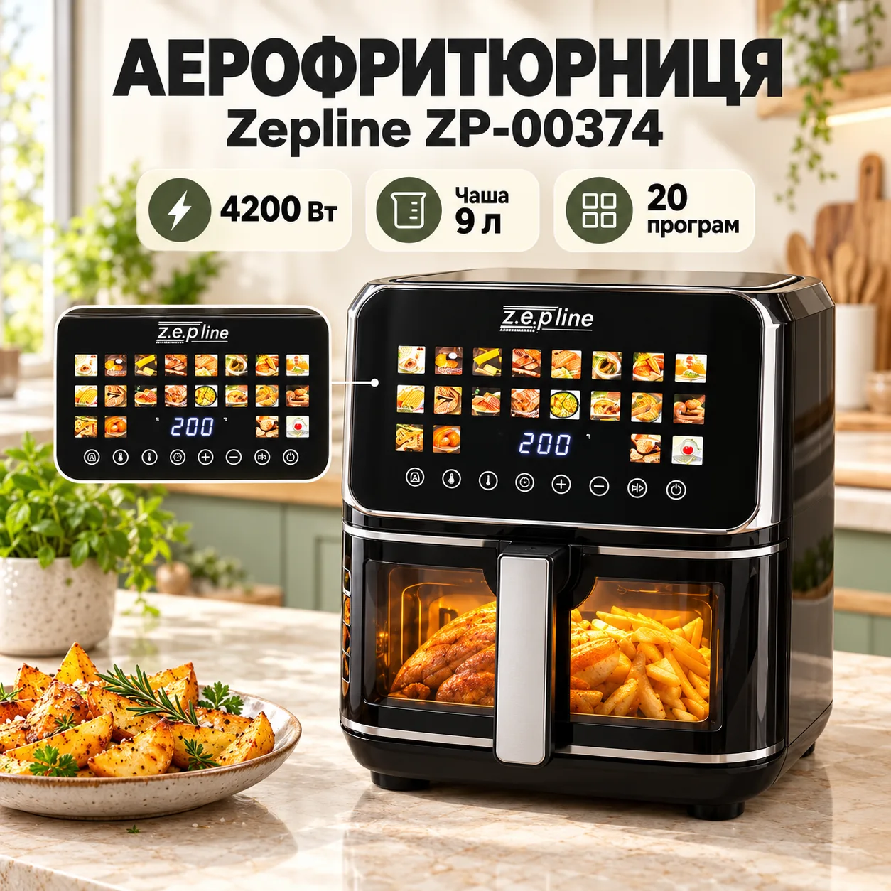 Аэрофритюрница 13 литров 4200Вт на два тена 20 программ Zepline ZP-00374