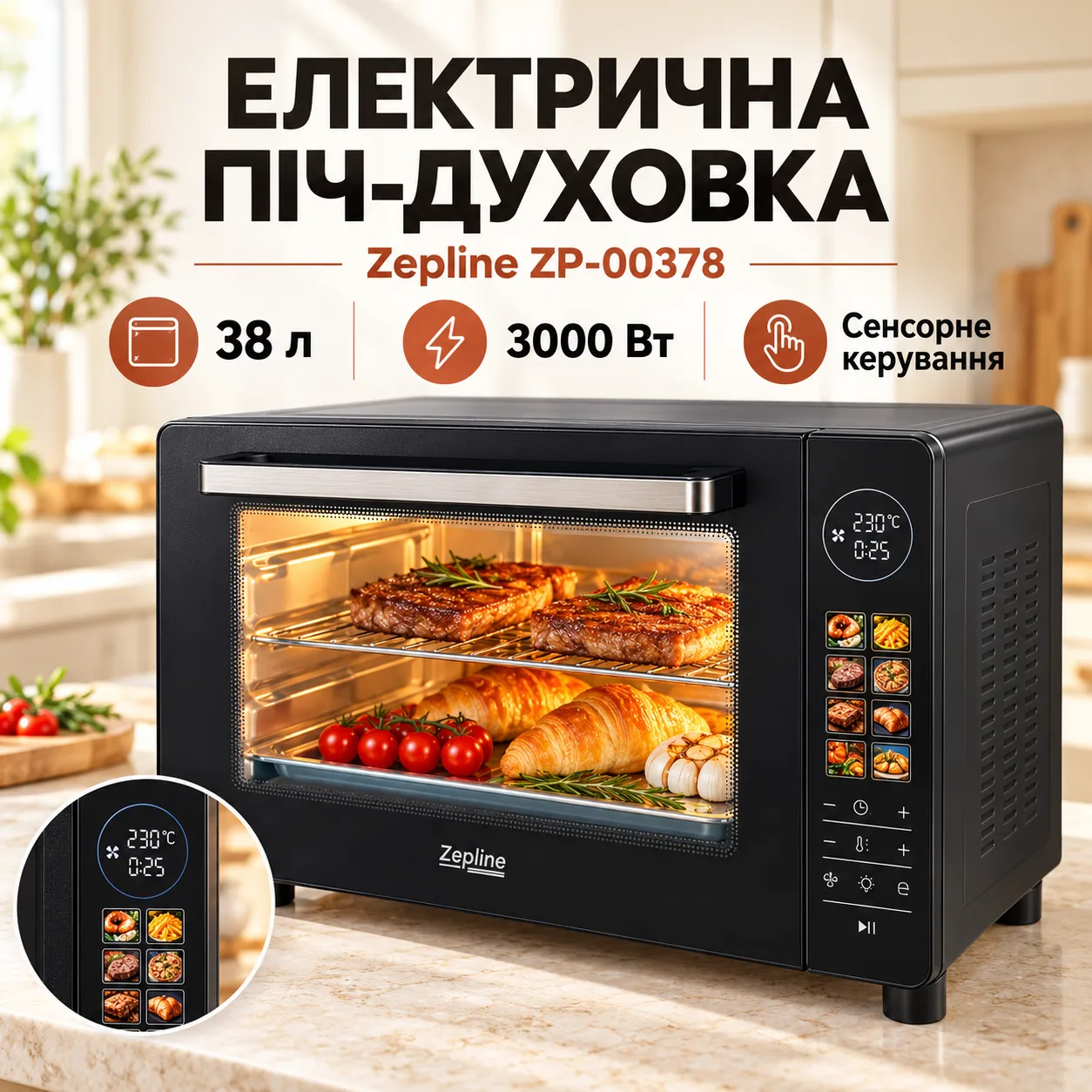 Электрическая печь-духовка 38 литров с сенсорным управлением Zepline ZP-00378 3000 Вт