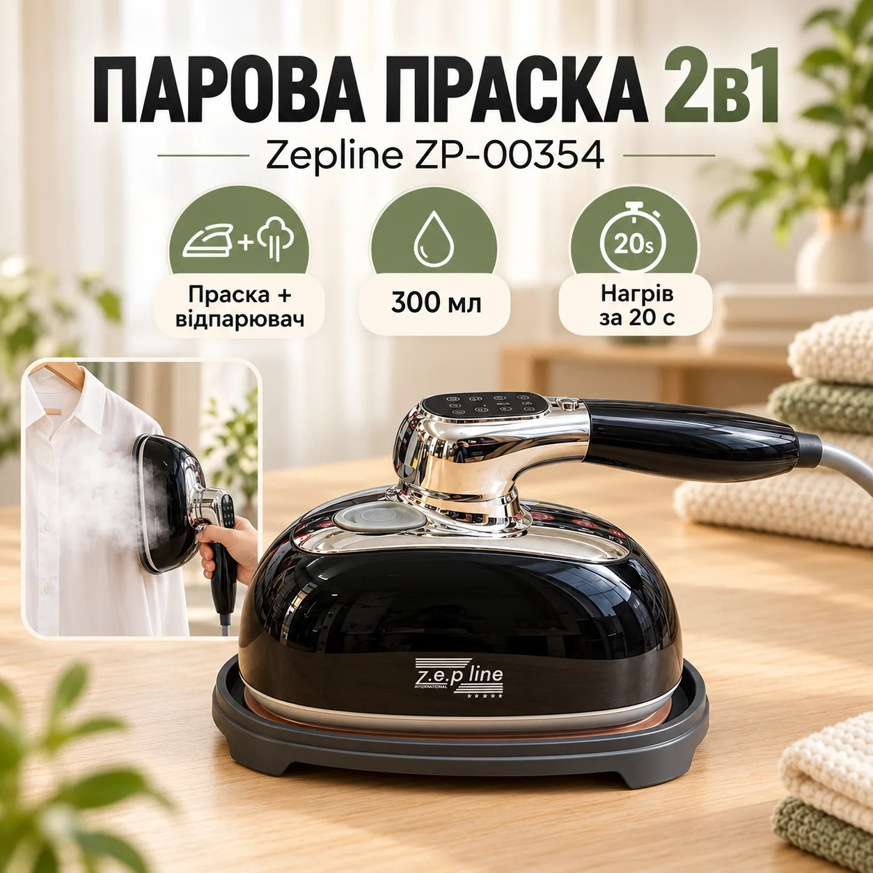 Ручной паровой утюг 2000 Вт Zepline / Отпариватель с LED экраном ZP-00354 Черный
