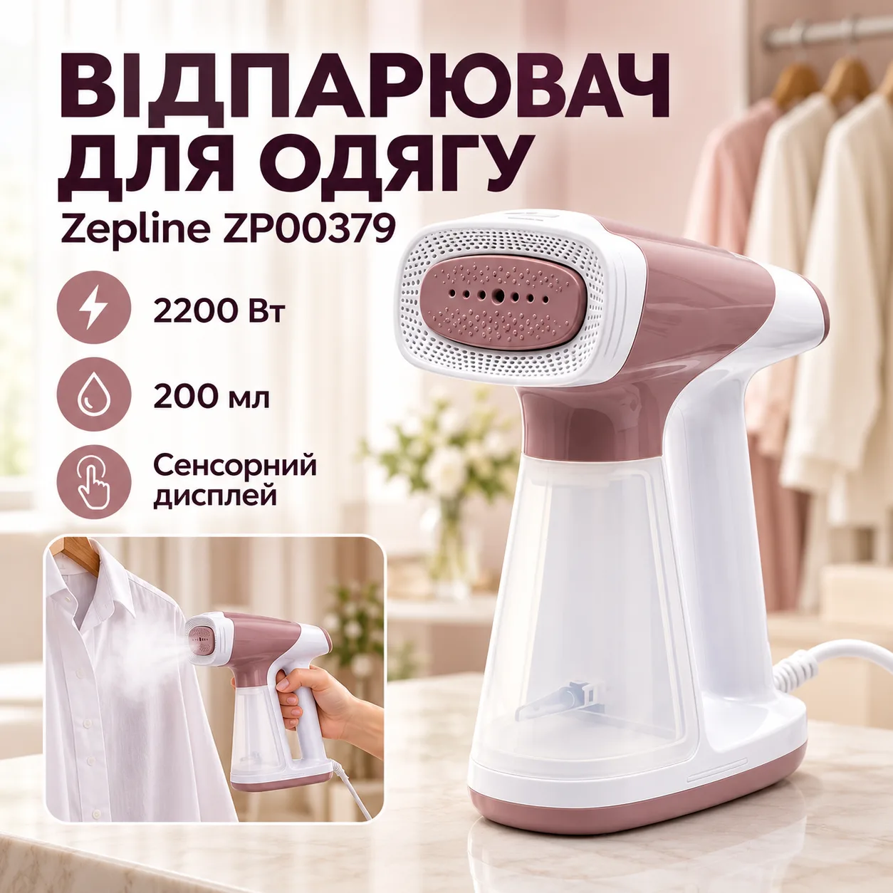Отпариватель для одежды, 200мл, 2200Вт, сенсорный дисплей, Zepline ZP00379, Розовый / Вертикальный отпариватель ручной