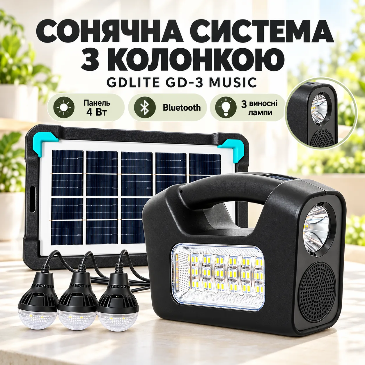 Фонарь с колонкой GDLITE GD-3 MUSIC солнечная панель Bluetooth FM