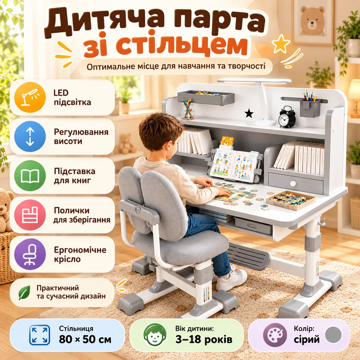 Детская парта со стулом, 80х50 см, Серый / Стол для рисования / Парта для школьника