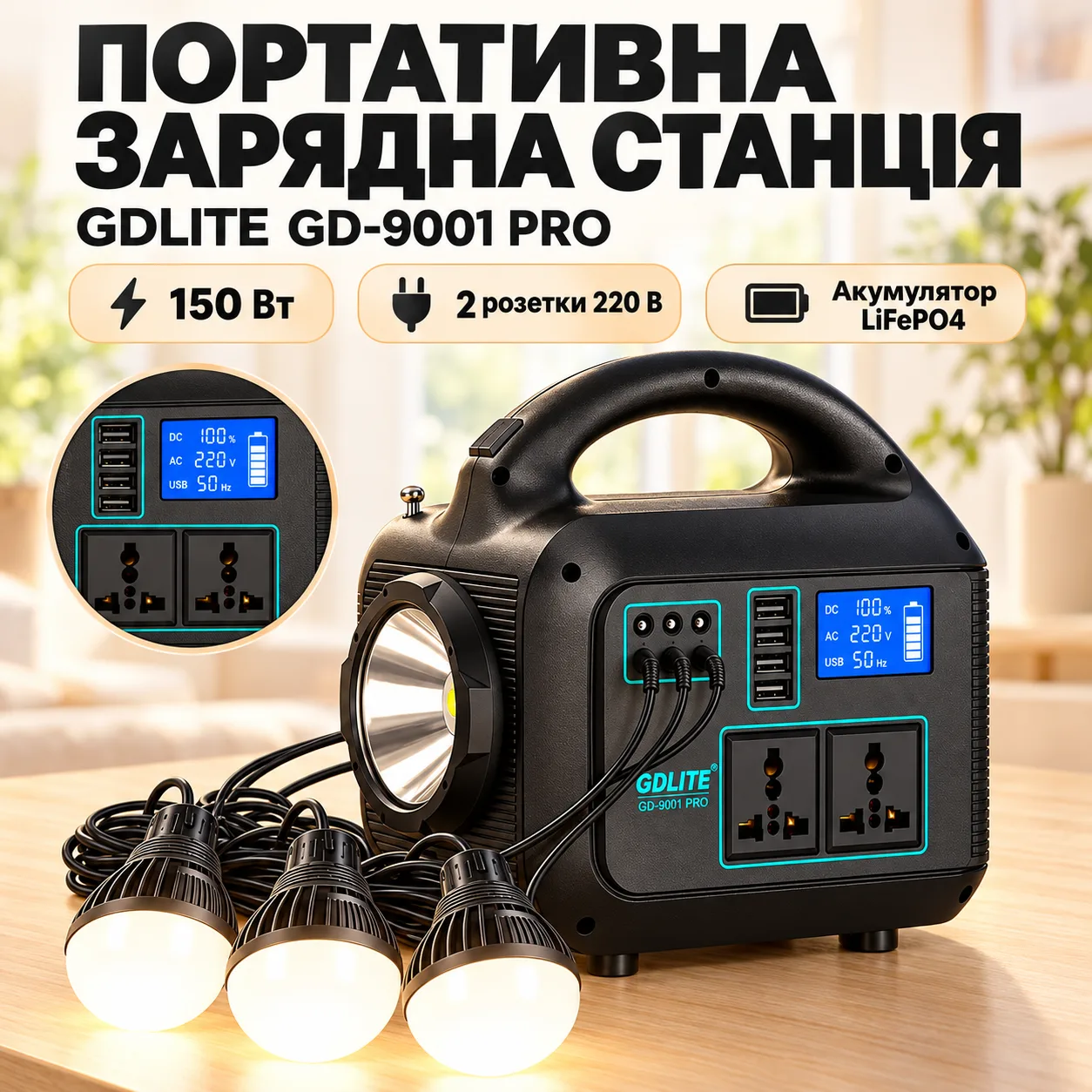 Зарядная станция GDLITE GD-9001 PRO, 220 В, 150 Вт, LiFePO4, 3 лампы