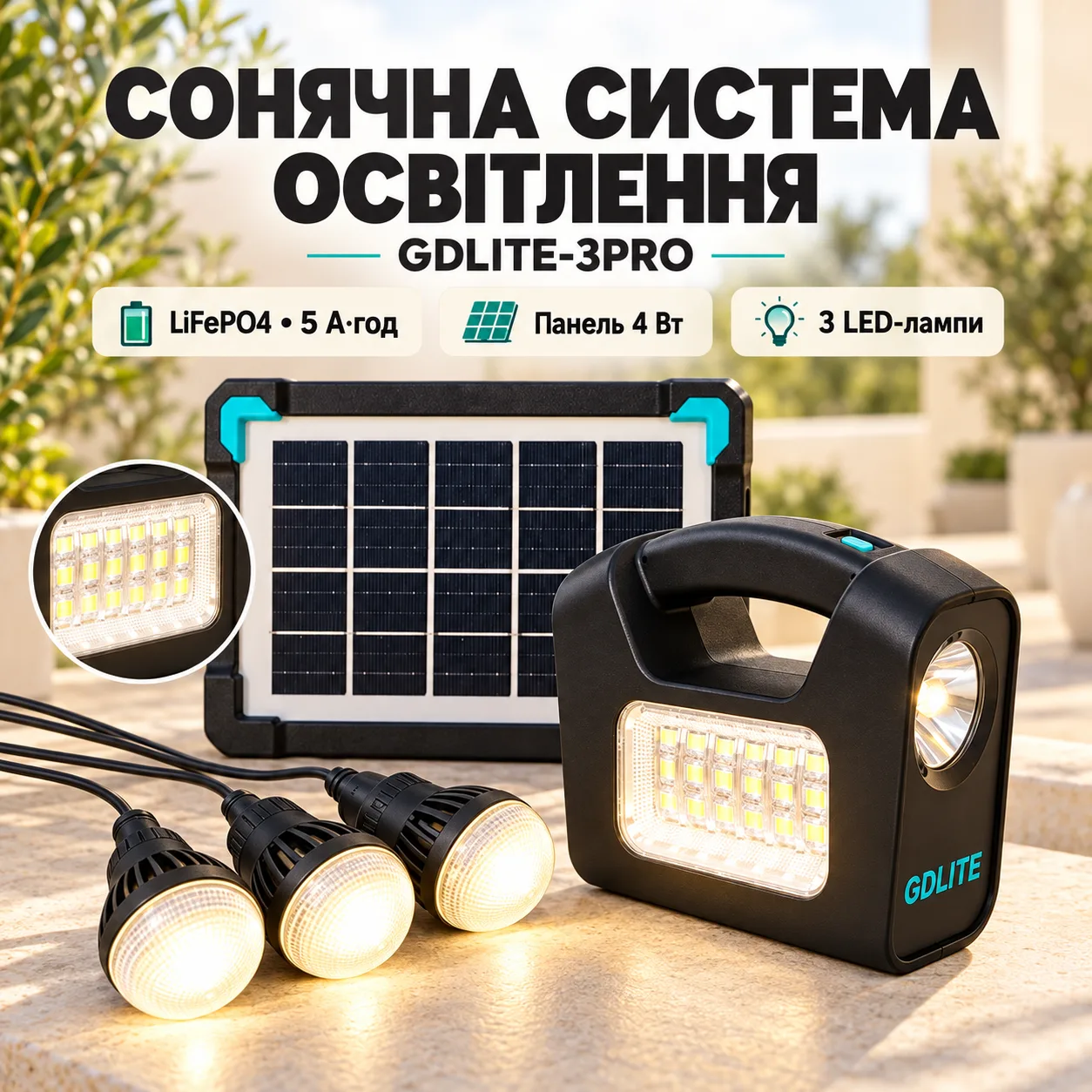 Фонарь LED GDLITE (GD-3PRO) (Солн. панель 5V/4W; аккум-LiFePO4 3,2V/5Ah; 3 лампы LED)