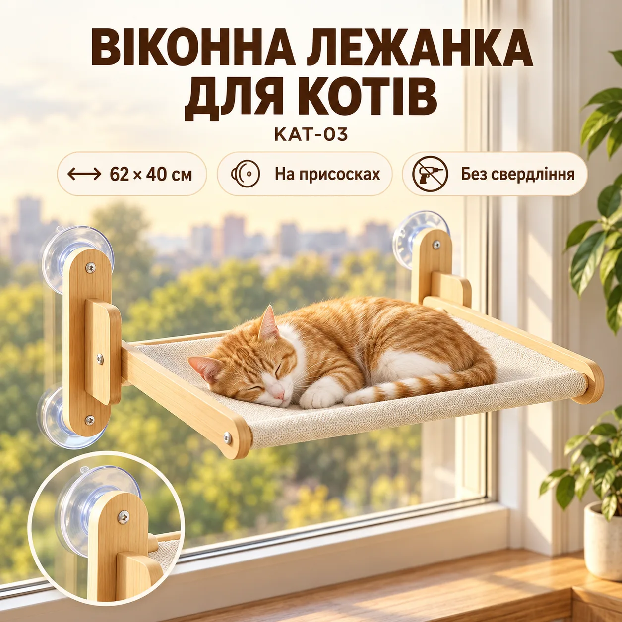 Оконный лежак-гамак KAT-03 на присосках для котов 62×40 см, высота мощь. -23 см