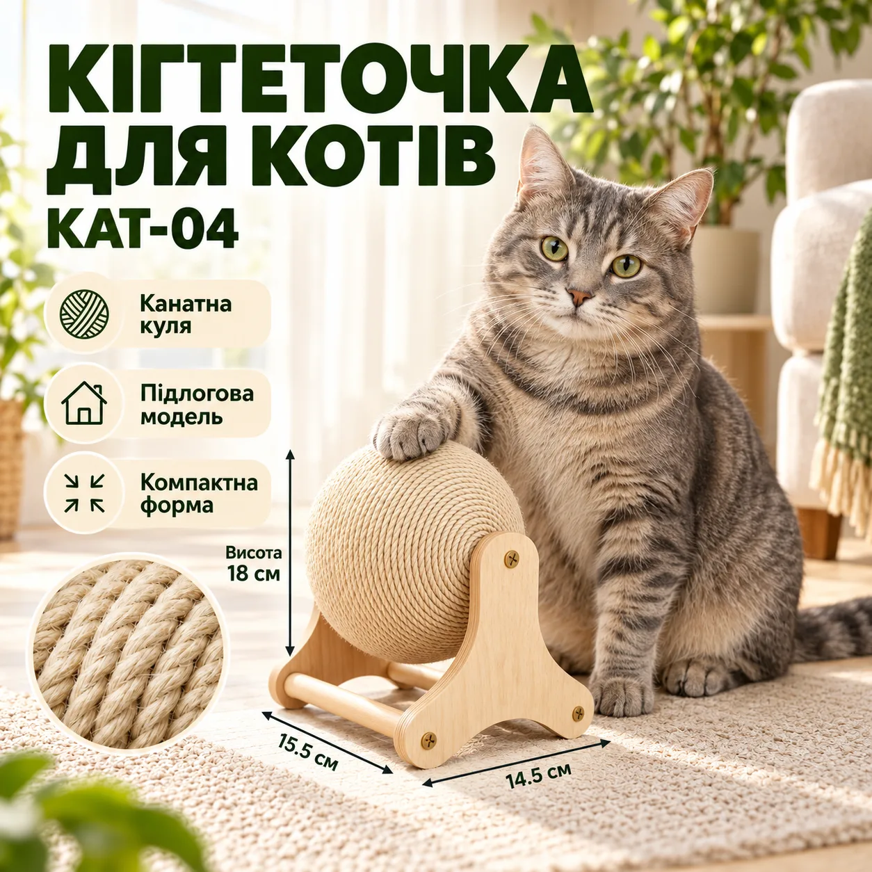 Когтеточка-Куля для котов Большой канатный шар на подставке для пола KAT-04