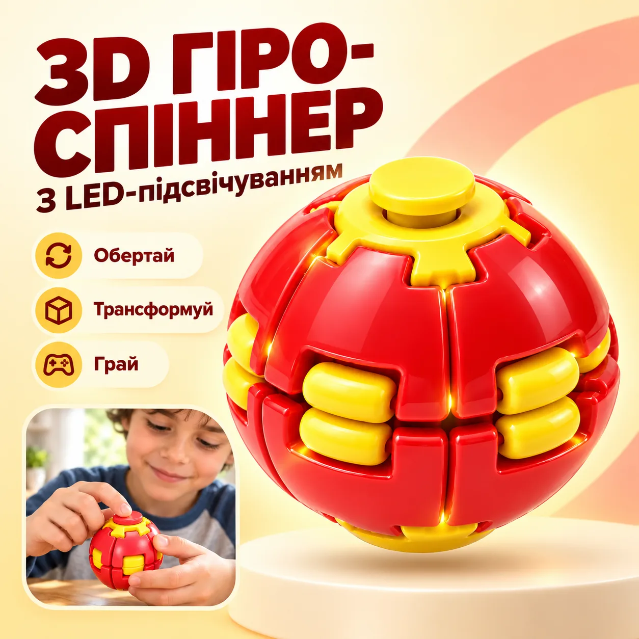 3D гиро-спиннер с вращающейся LED-подсветкой / Антистресс спиннер / Шар-антистресс