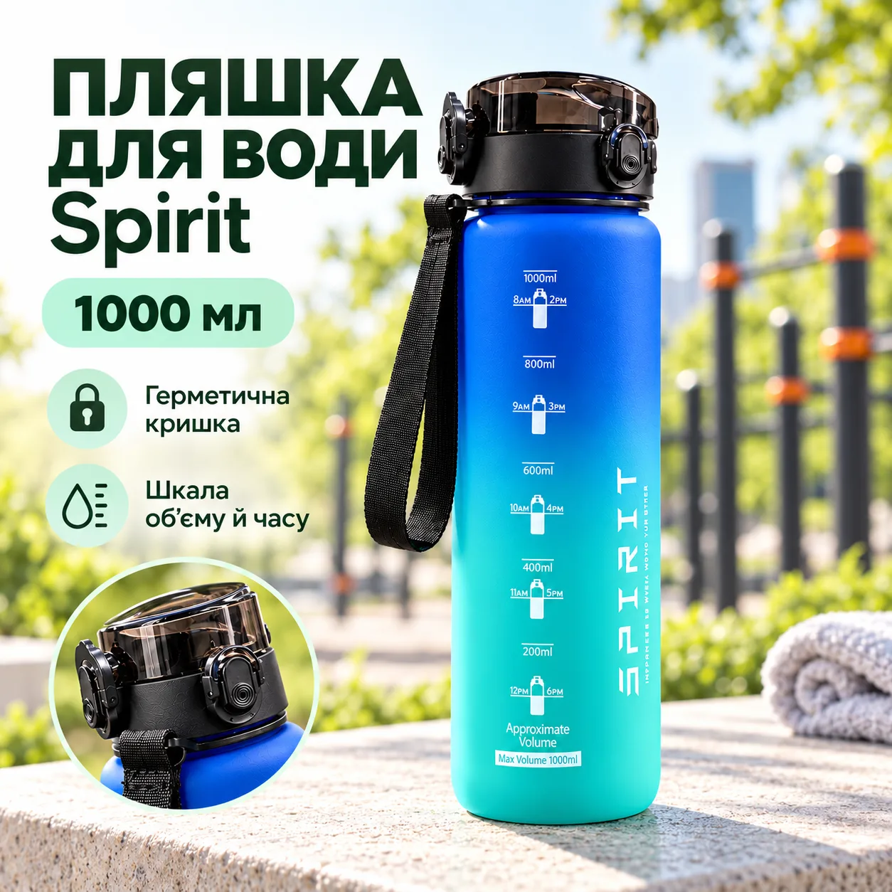 Бутылка для воды Spirit 1000 мл, сине-зеленый градиент, с герметичной крышкой и ремешком 26X-330