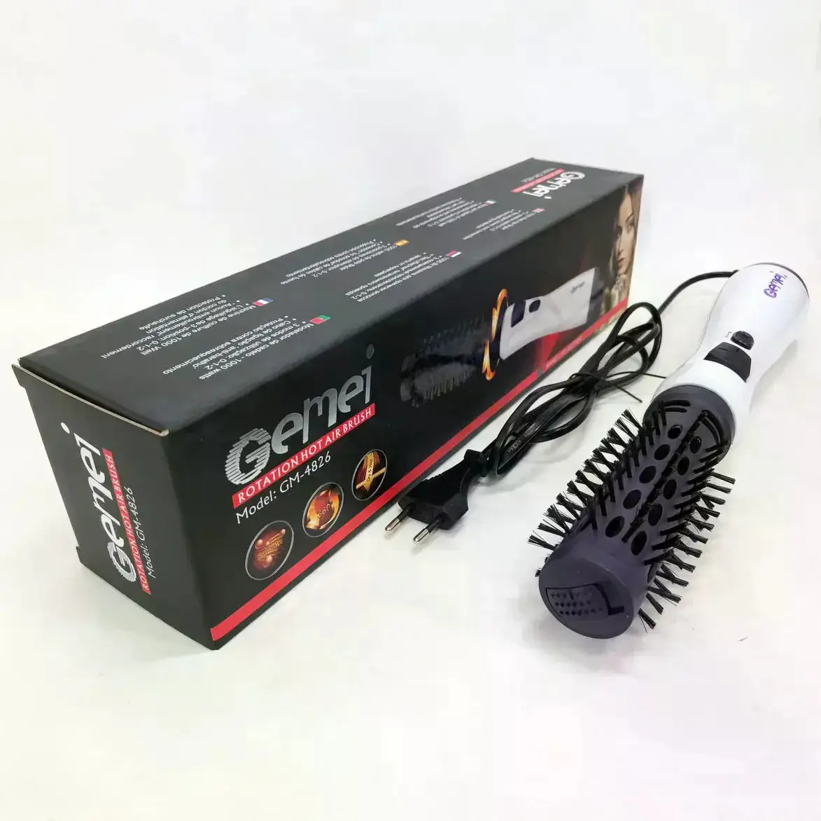 Фен-щітка для волосся GEMEI GM-4826 1000W • Обертовий фен-браш для сушіння, укладання, об’єму та створення природної хвилі
