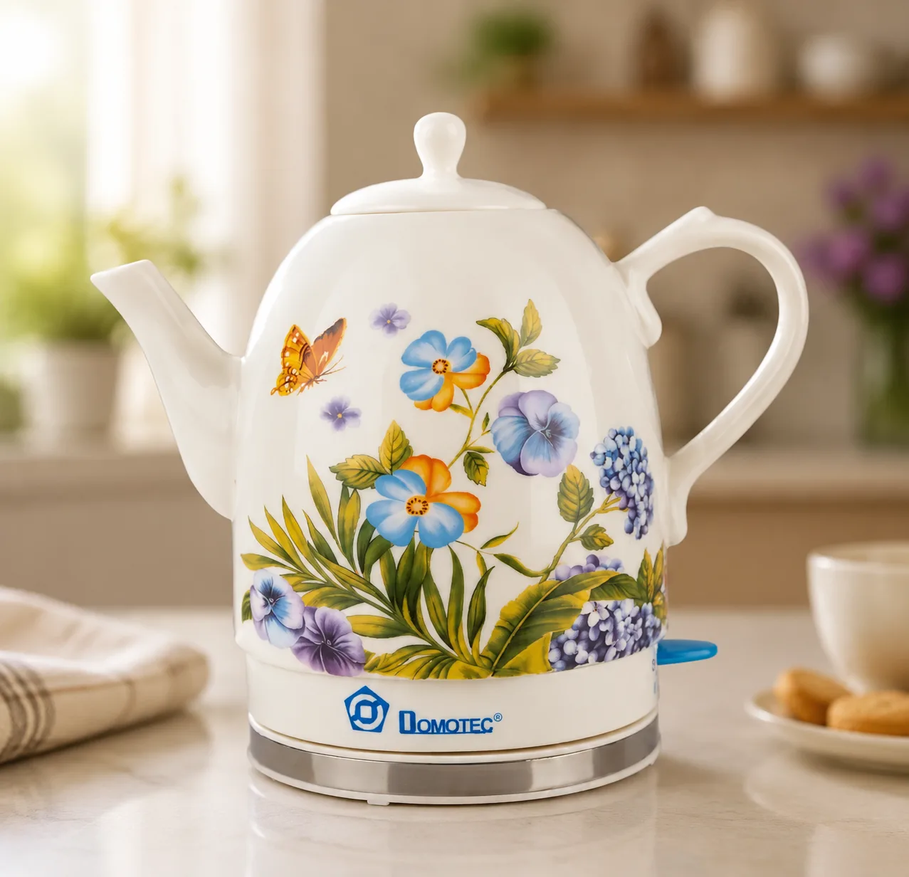 Електрочайник Domotec MS-505 керамічний, дисковий, 1.7 л, з квітами, білий