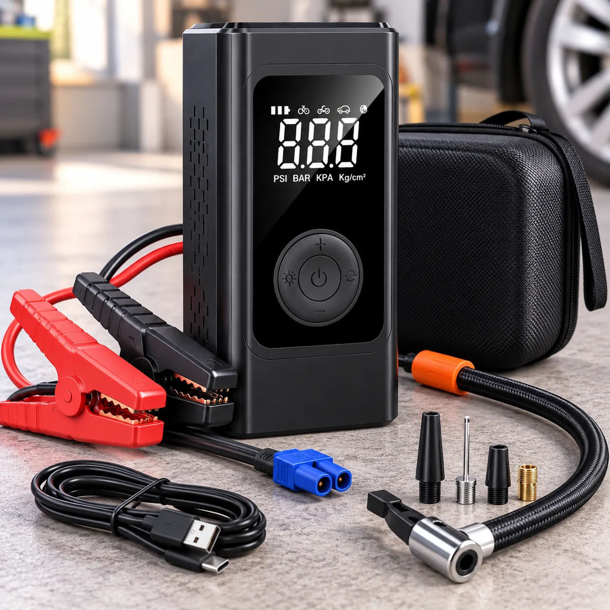 Портативний пусковий пристрій для автомобіля з Power Bank та LED-ліхтарем / Пуско-зарядний пристрій 4 в 1 з компресором
