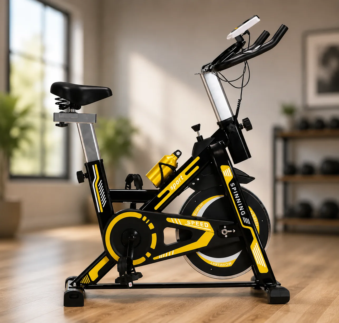 Велотренажер Everfit Spin Bike 118 жовтий, з маховиком, підсклянником та ЖК-дисплеєм