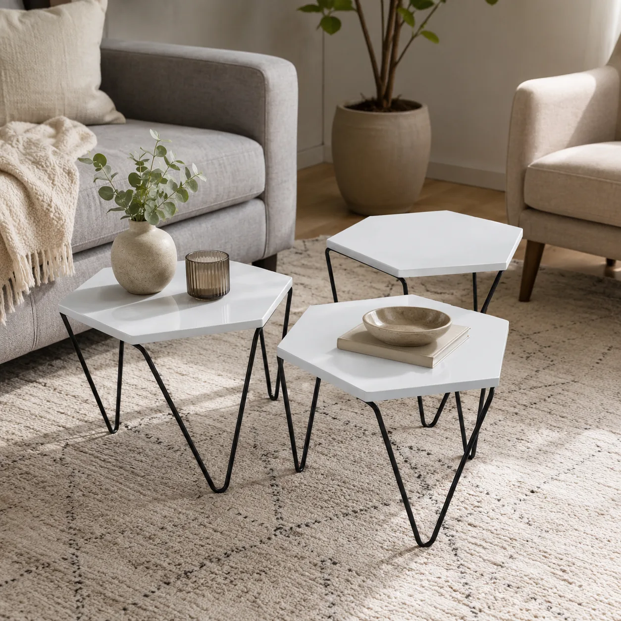 Coffee Table Set 1916, Hexagonal, 3 pcs, White