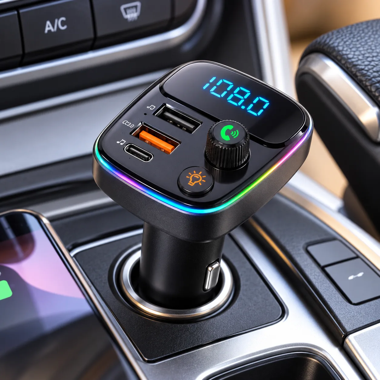 Автомобільний FM-трансмітер Bluetooth HM103 зі швидкою зарядкою / Модулятор PD/QC 3.0, USB Type-C та RGB-підсвічуванням