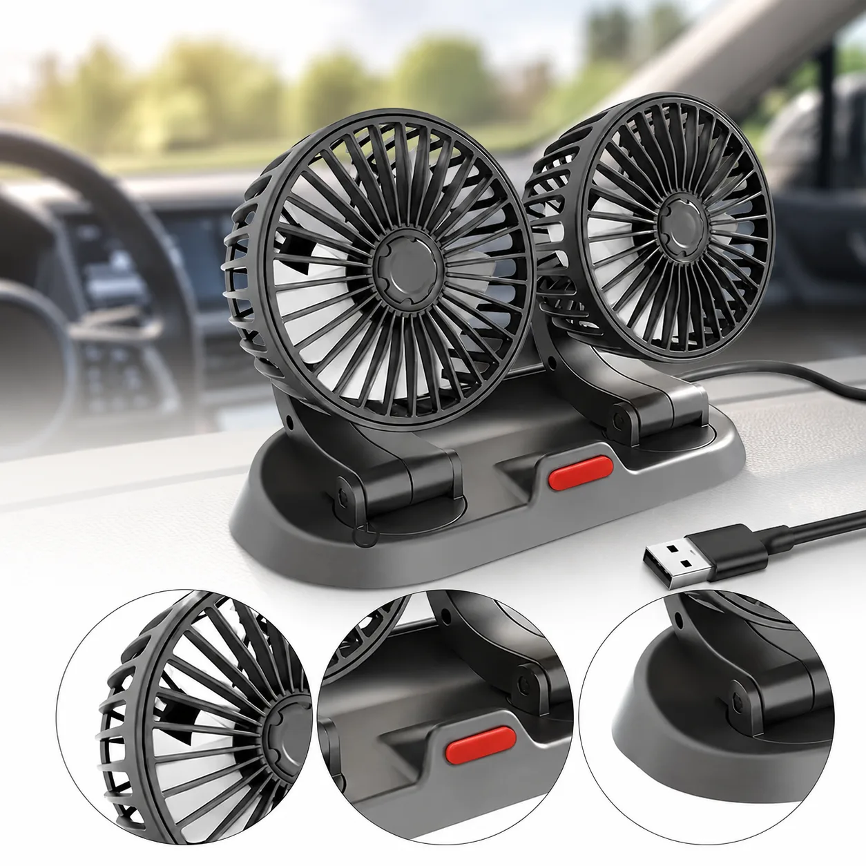 Автомобильный двойной вентилятор USB, 2 скорости, 360°, 5V