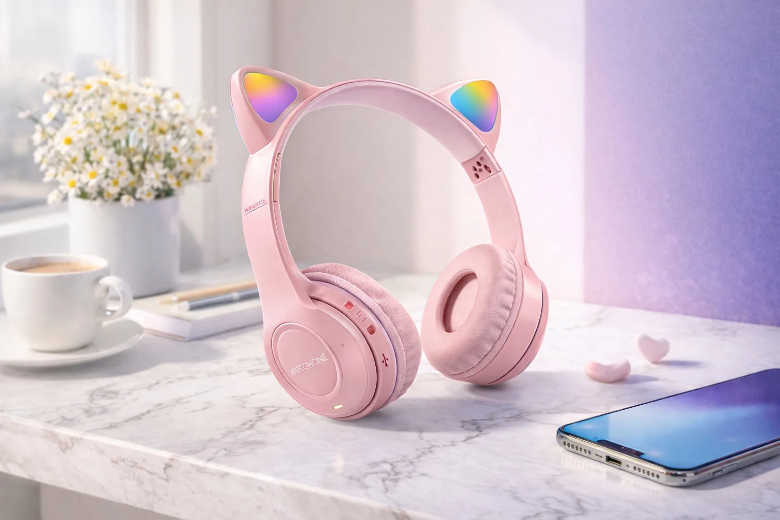 Навушники бездротові Cat Ear Y47, котячі вушки з LED підсвічуванням, мікрофон, рожевий