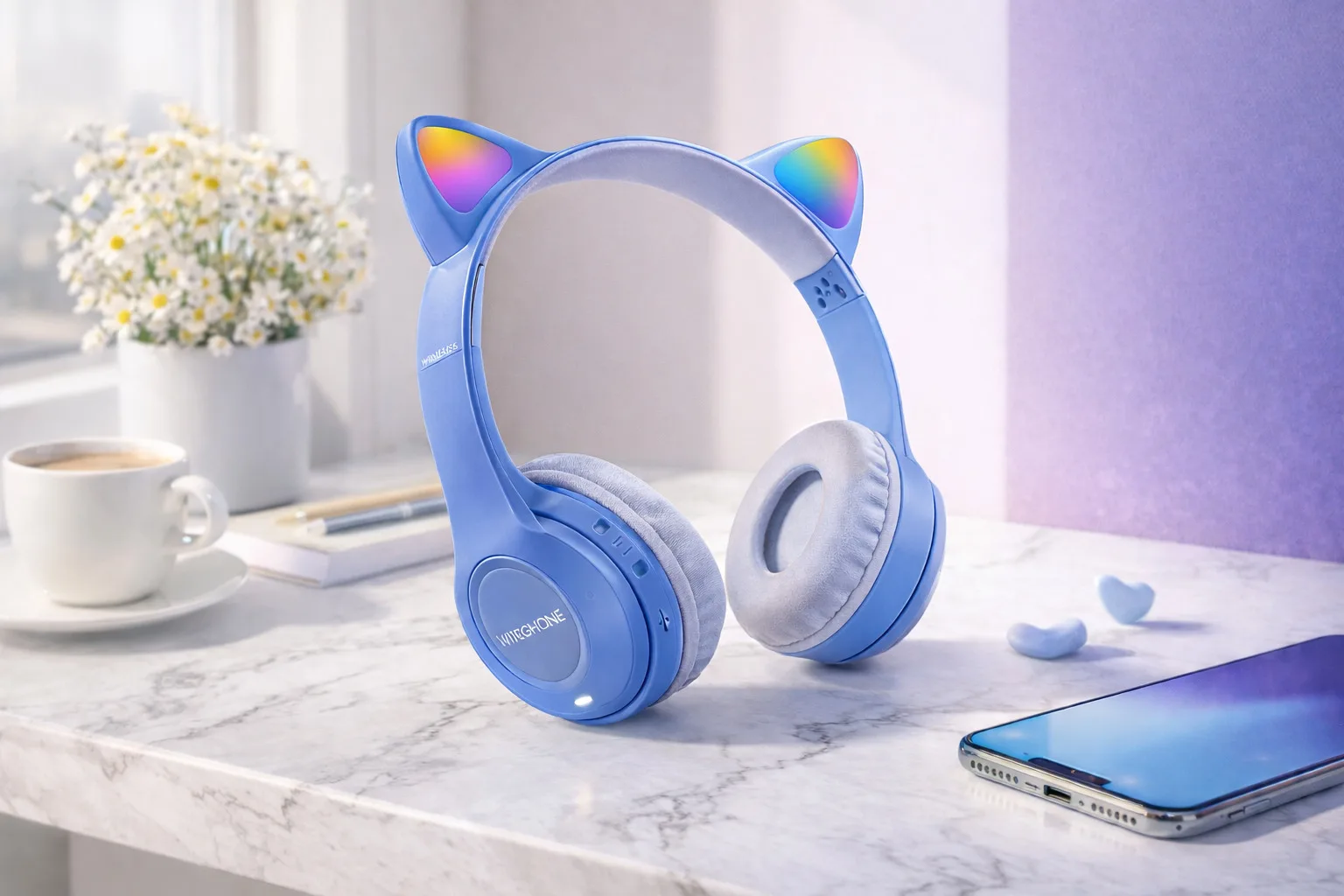Навушники бездротові Cat Ear Y47, котячі вушки з LED підсвічуванням, мікрофон, синій