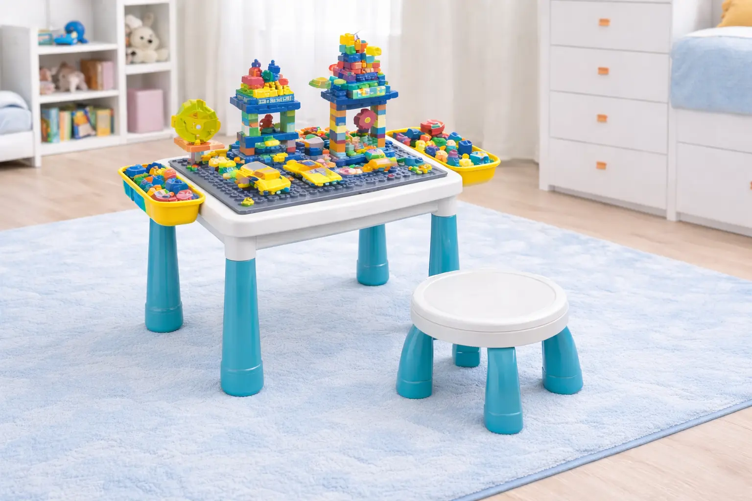 Kids activity table with building blocks and easel 6-in-1, 300 pieces