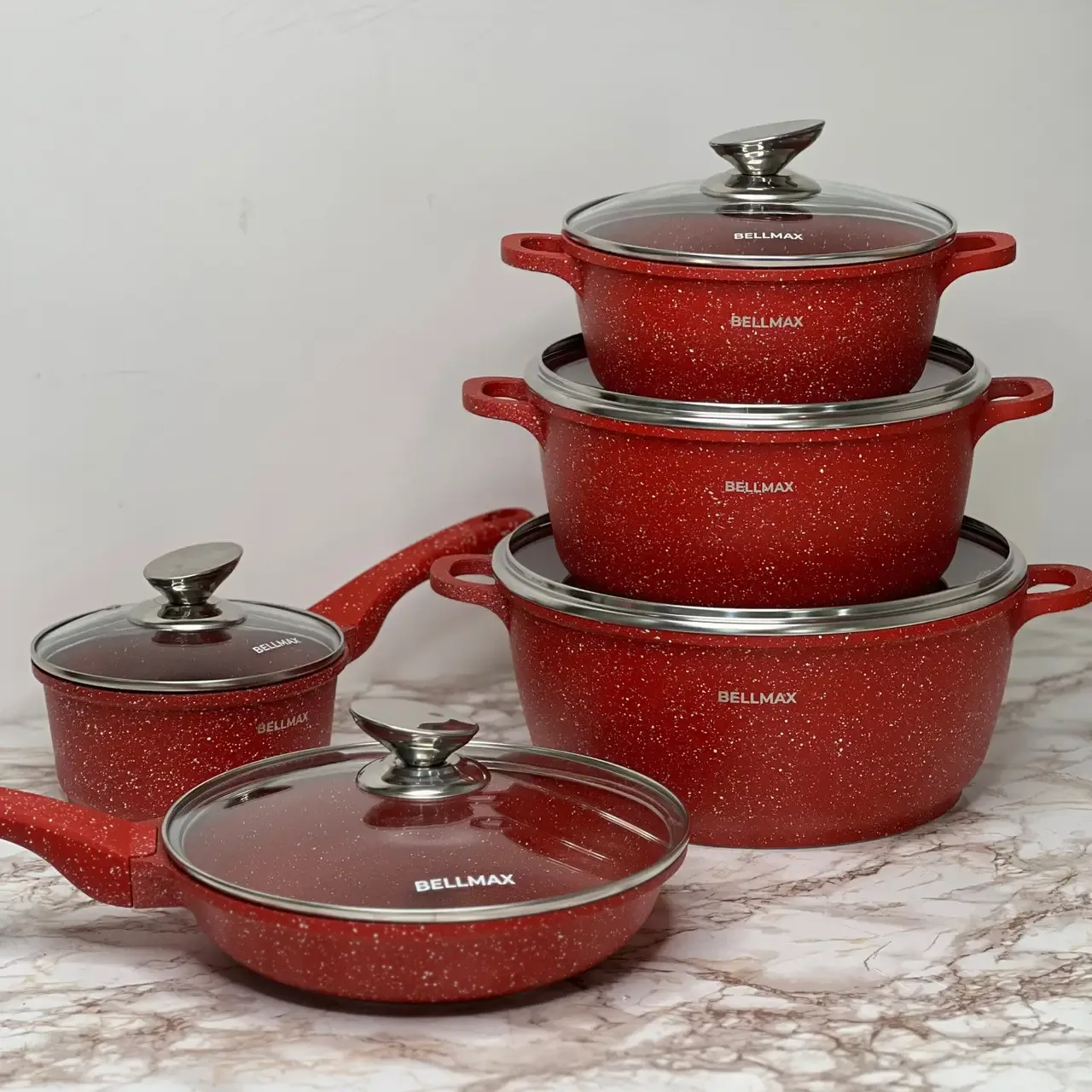 Cookware set with granite non-stick coating BellMax BM-305, 10 pieces, red