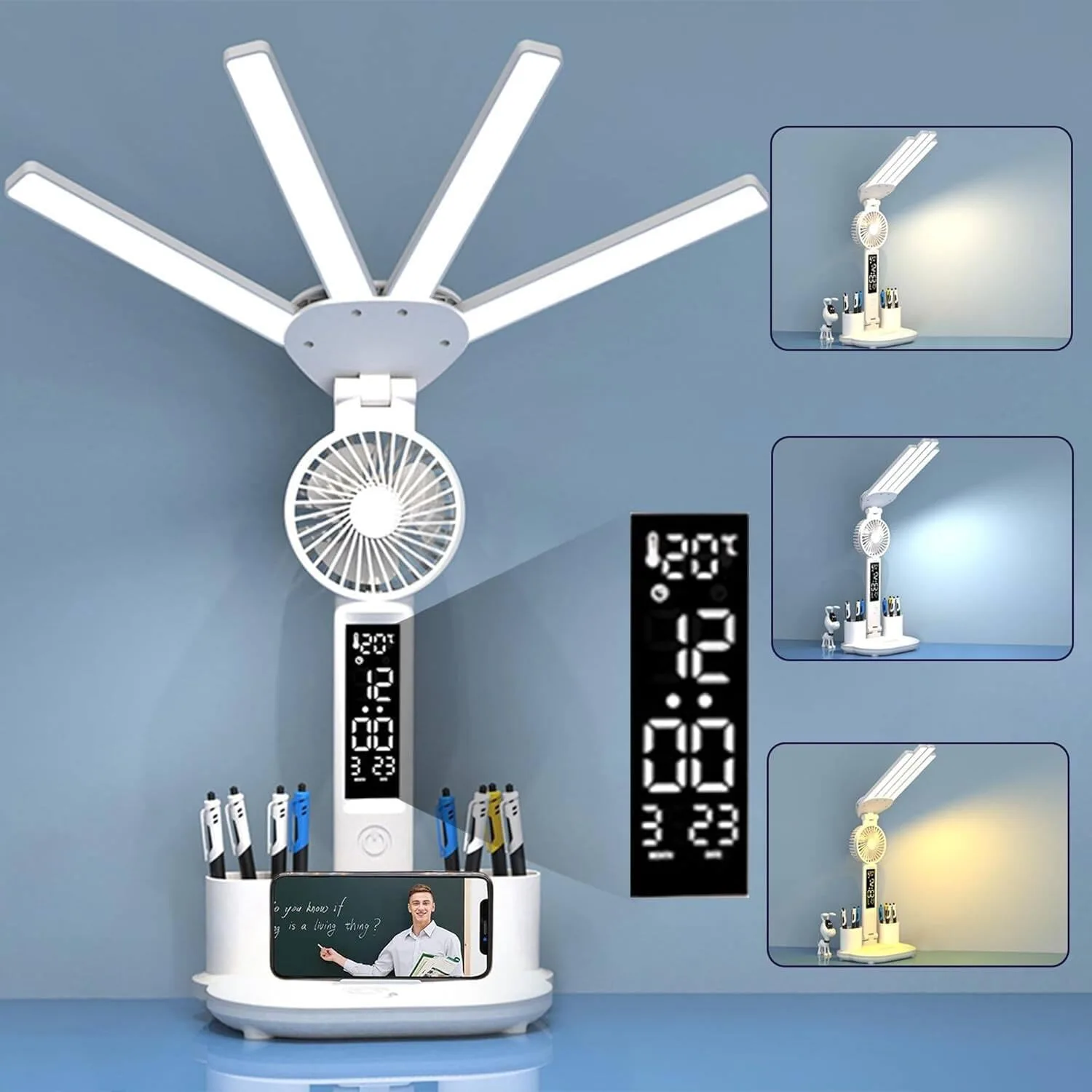 Настільна LED-лампа-органайзер 3в1 з акумулятором 3200 мАг, вентилятором, годинником та USB-дисплеєм