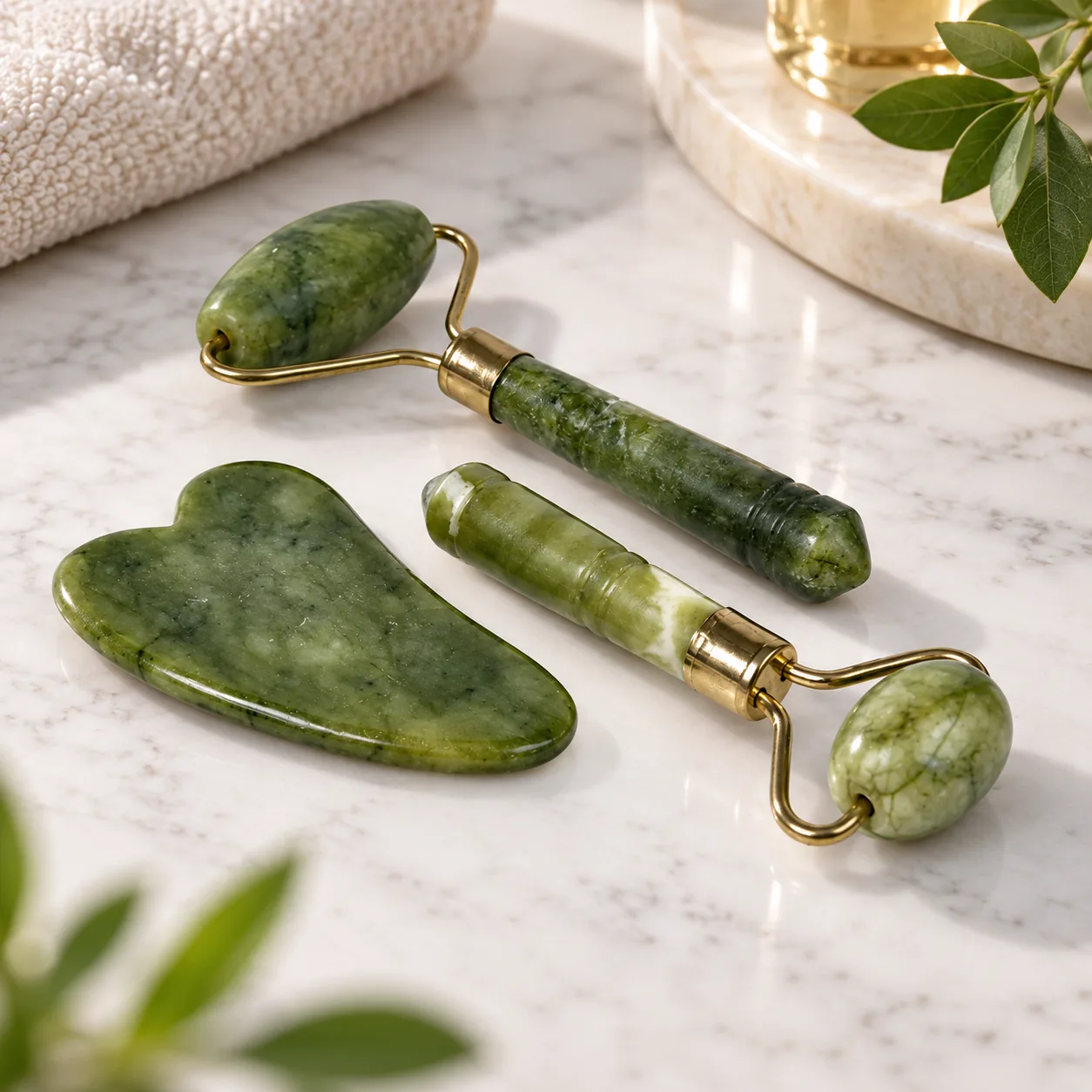 Масажний набір із натурального каменю JADE ROLLER SET / Ролери та скребок Гуаша Anti-Aging
