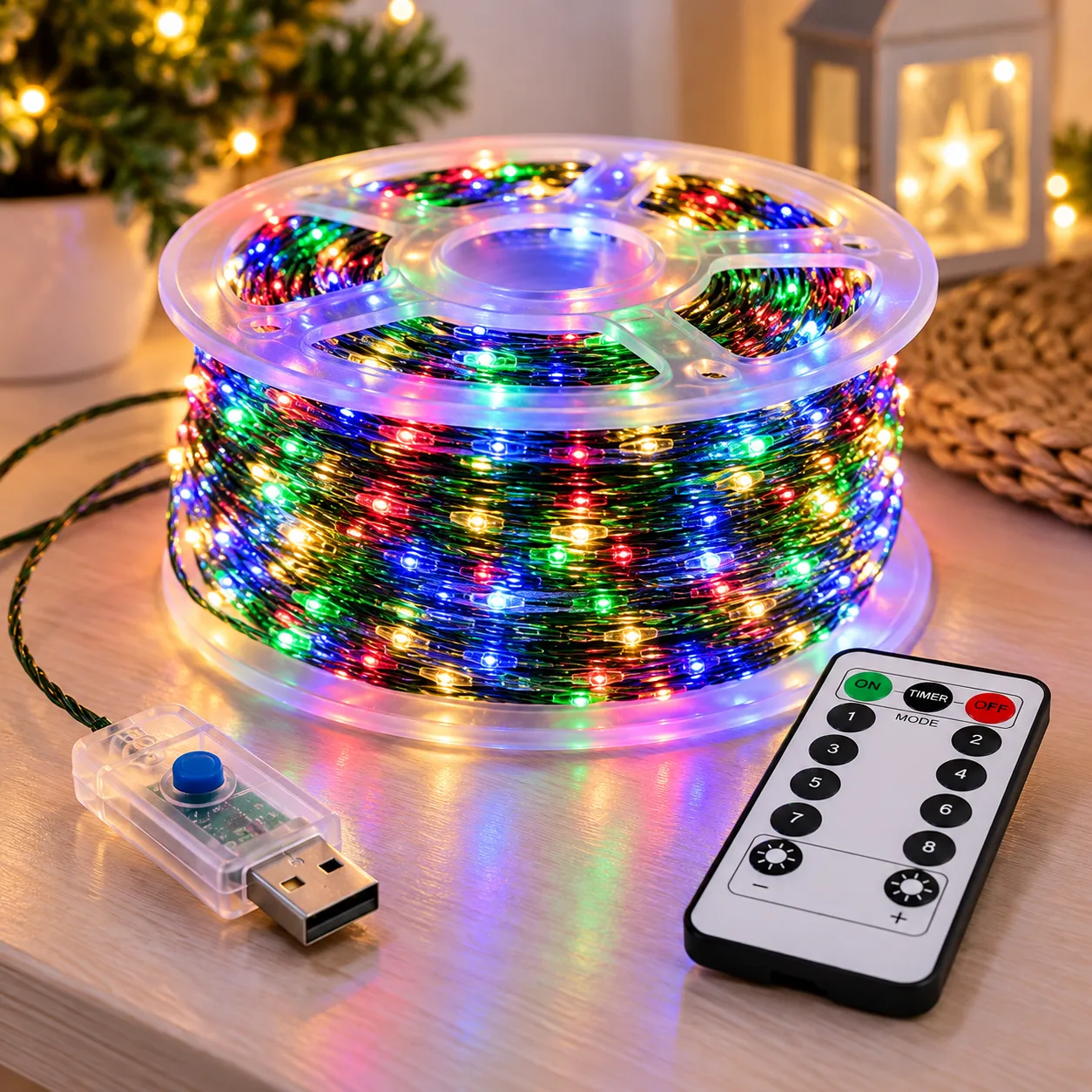 Гірлянда Роса 100 м 1000 LED різнокольорова MULTI / Гірлянда з USB та пультом ДУ, зелений дріт / LED-декор