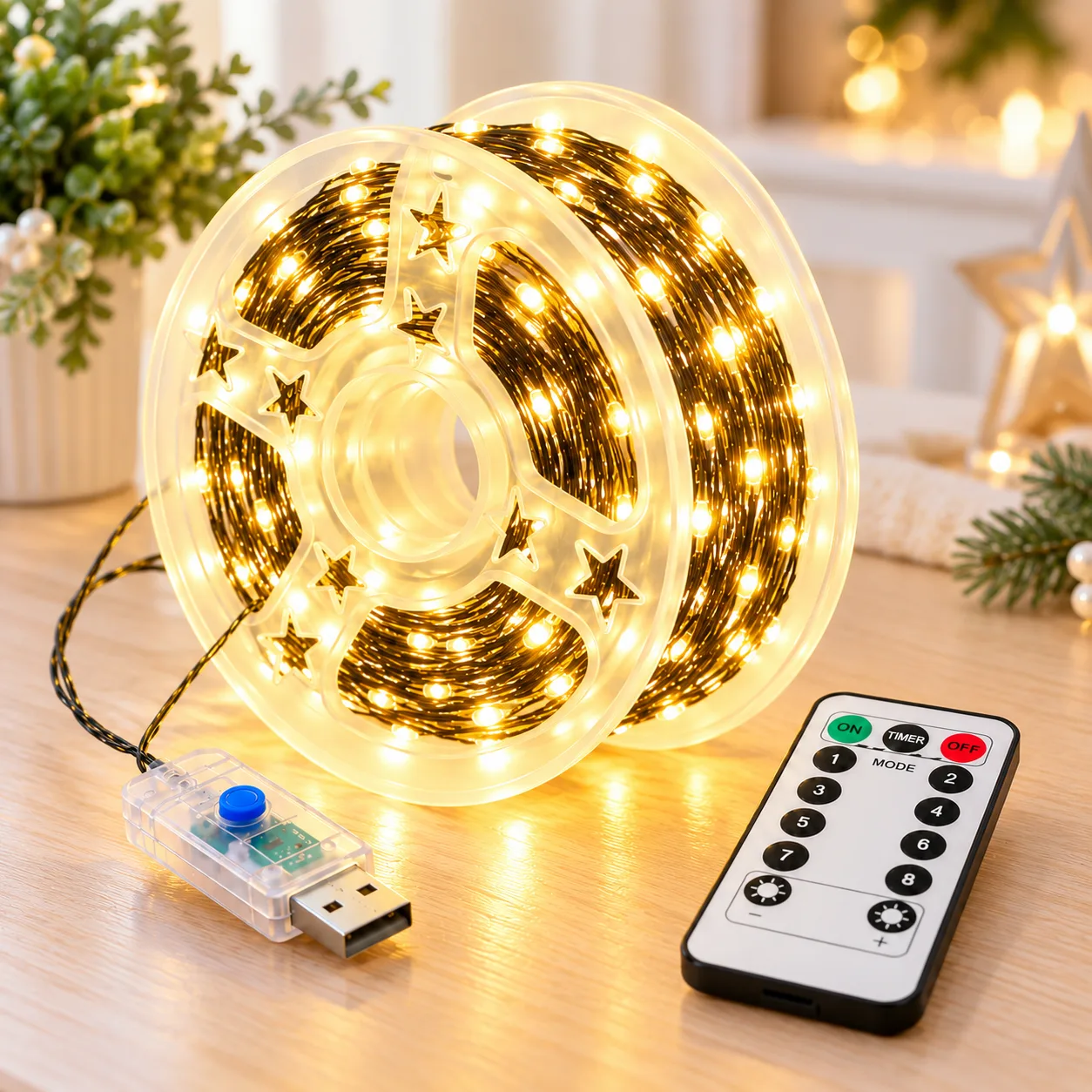 Гірлянда "Роса" 60 м 600 LED Теплий білий / Гірлянда з USB та пультом ДУ, зелений дріт