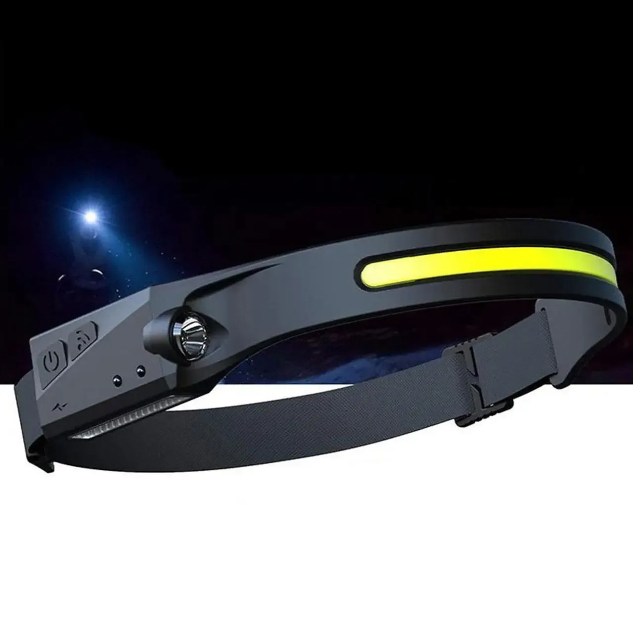 Ліхтар налобний LED+COB, легкий, з датчиком руху, червоним світлом, чорний