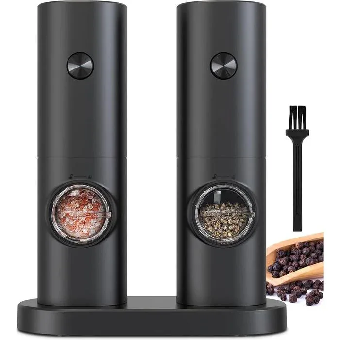 Електромлин для спецій, перцю та солі Grinder Set, 2 шт, акумуляторний, з підсвічуванням, з підставкою, чорний