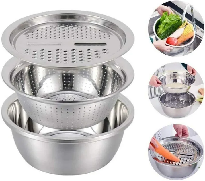 Кухонний набір з нержавіючої сталі 3 в 1 Metal Basket Cutter: миска, друшляк і тертка