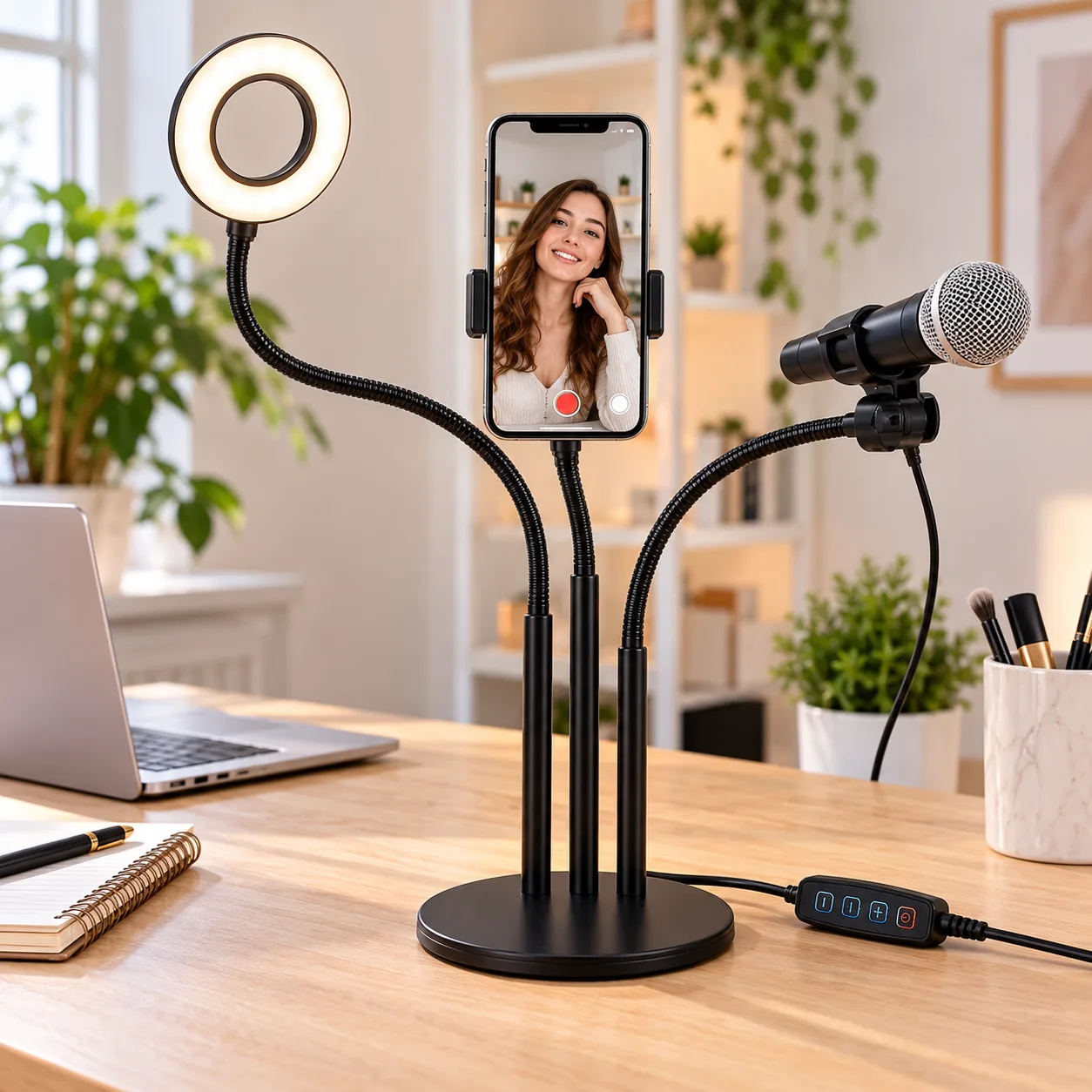 Набір блогера 3в1: гнучкий штатив з LED кільцем Ring Light + тримачі для телефону та мікрофона на підставці