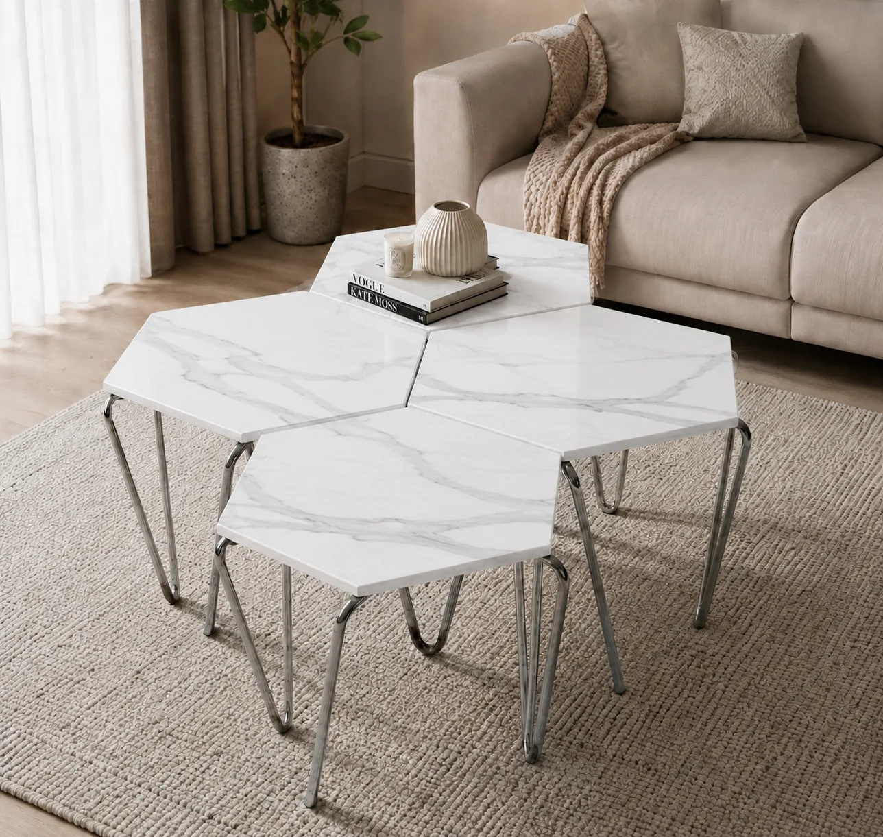 Set of hexagonal coffee tables (2500), 4 pcs, gray marble