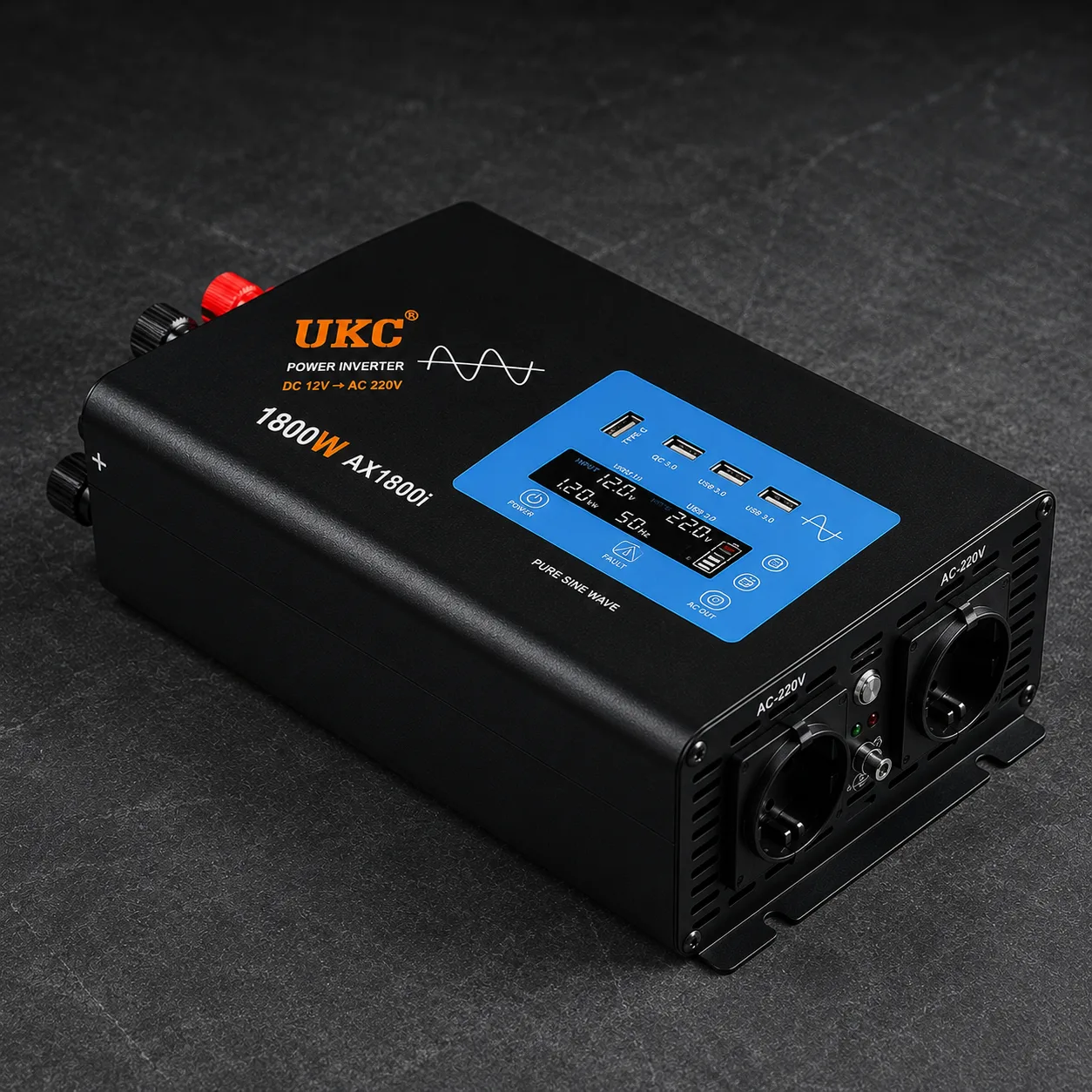 Перетворювач напруги AC/DC AX Sine 1800W з чистим синусом, дисплей, 3xUSB, 1xType-C