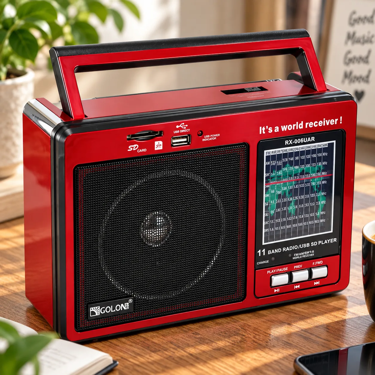 Радіоприймач портативний акумуляторний Golon RX-006 UAR, FM, з USB, червоний