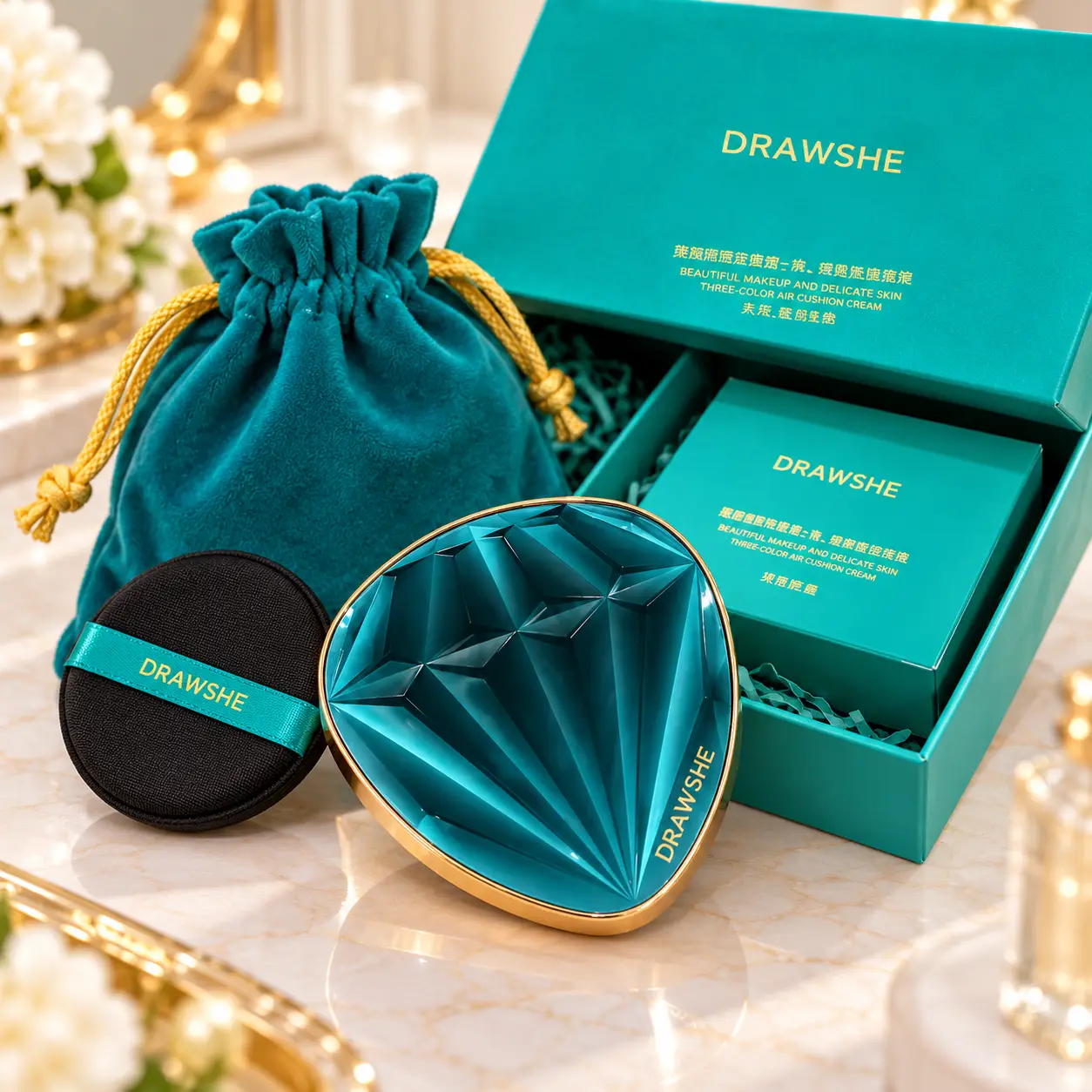 Тональное средство кушон DRAWSHE Cushion NEW GREEN / Кушон с двумя сменными рефилями / Алмазный кушон