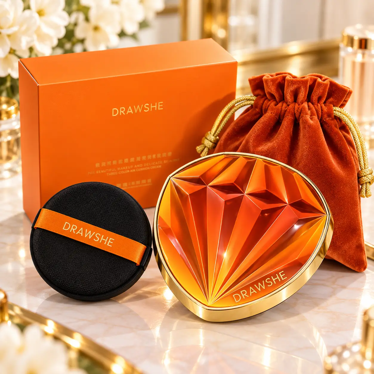 Тональное средство кушон DRAWSHE Cushion NEW ORANGE / Кушон с двумя сменными рефилями / Алмазный кушон