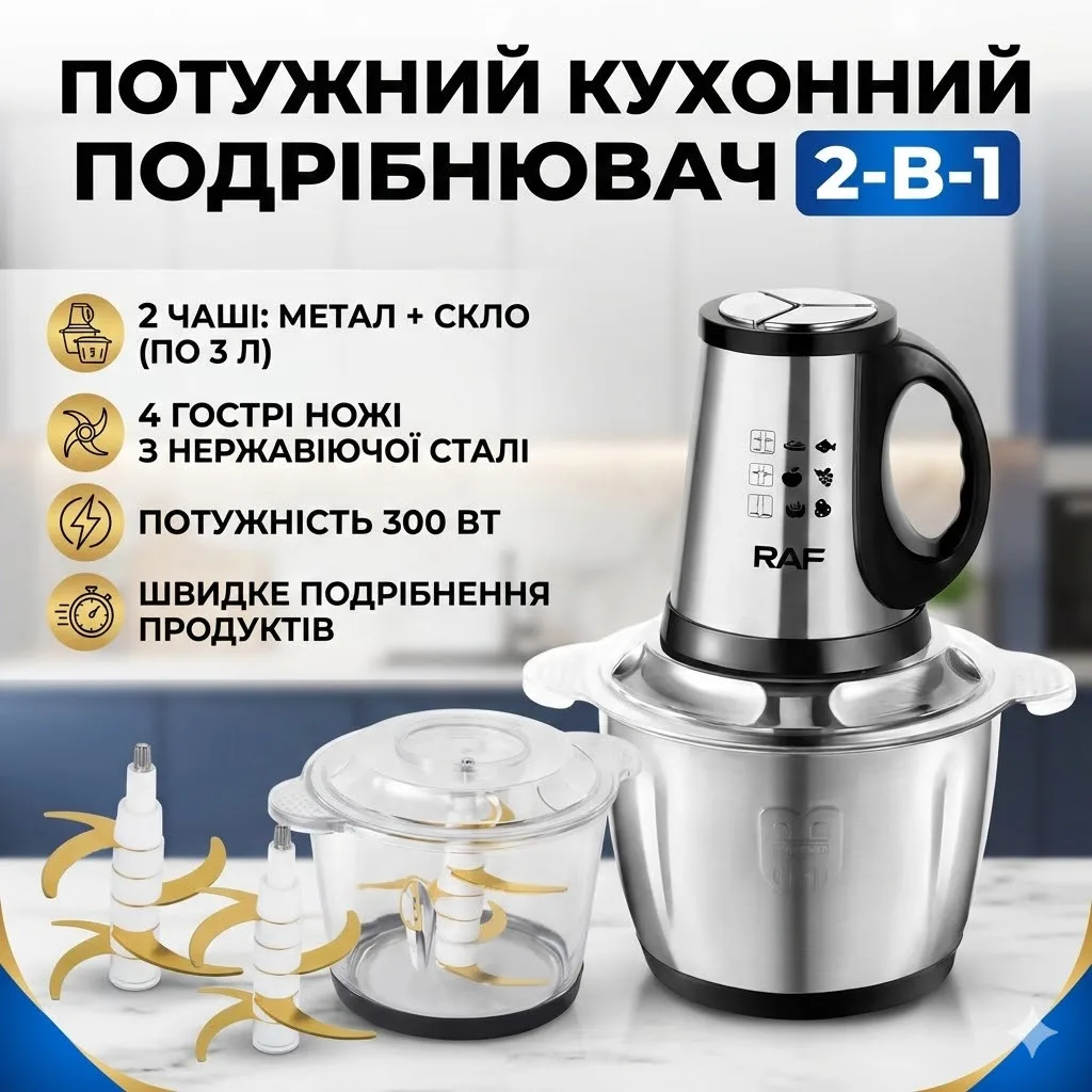 RAF R.7028 electric kitchen chopper 2-in-1, two 3 L bowls (steel + glass), 300 W, meat chopper