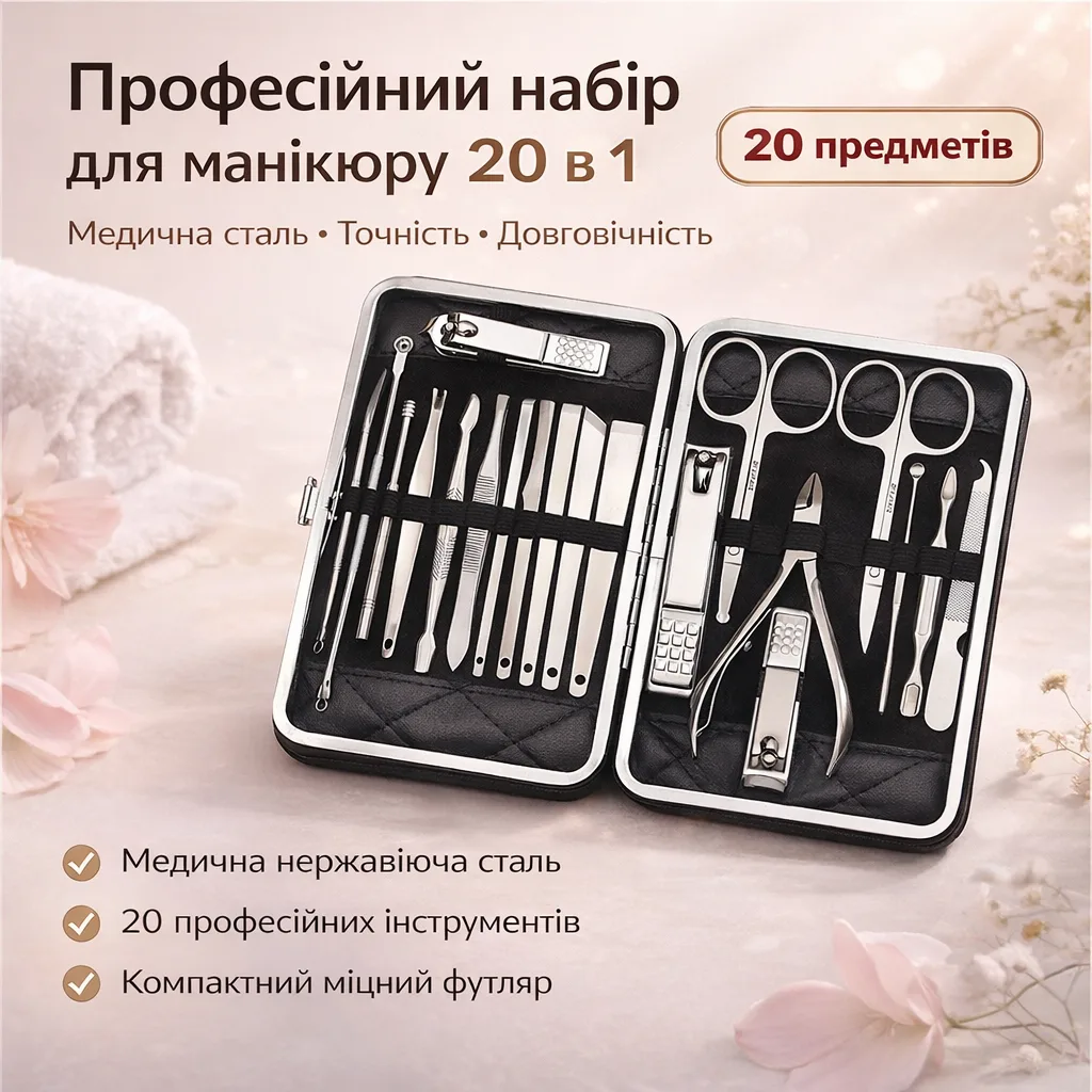 Набір манікюрно-педикюрний професійний, 20 інструментів, чорний футляр