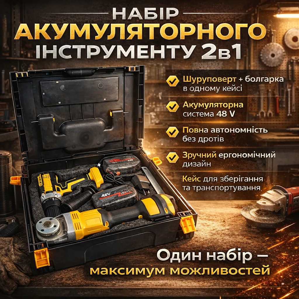 Набір акумуляторного інструменту 2в1 Jitpex X332 48V: шурупокрут + кутова шліфмашина, у кейсі, жовтий